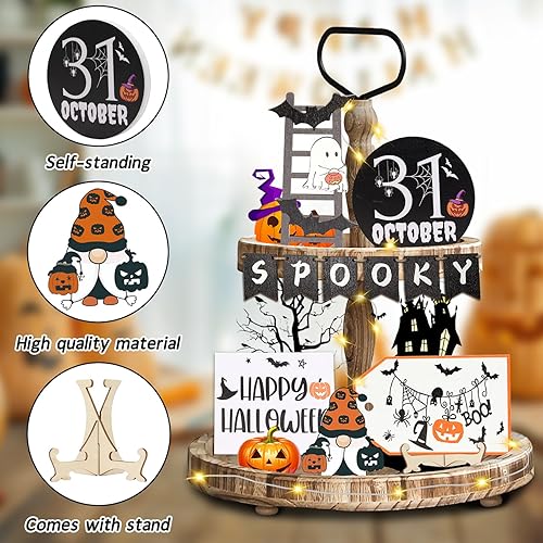 Miniatura 2 de 14 piezas de decoración de bandeja escalonada de Halloween, Boo Happy Halloween, juego de decoraciones de Halloween con cadena de luces LED,