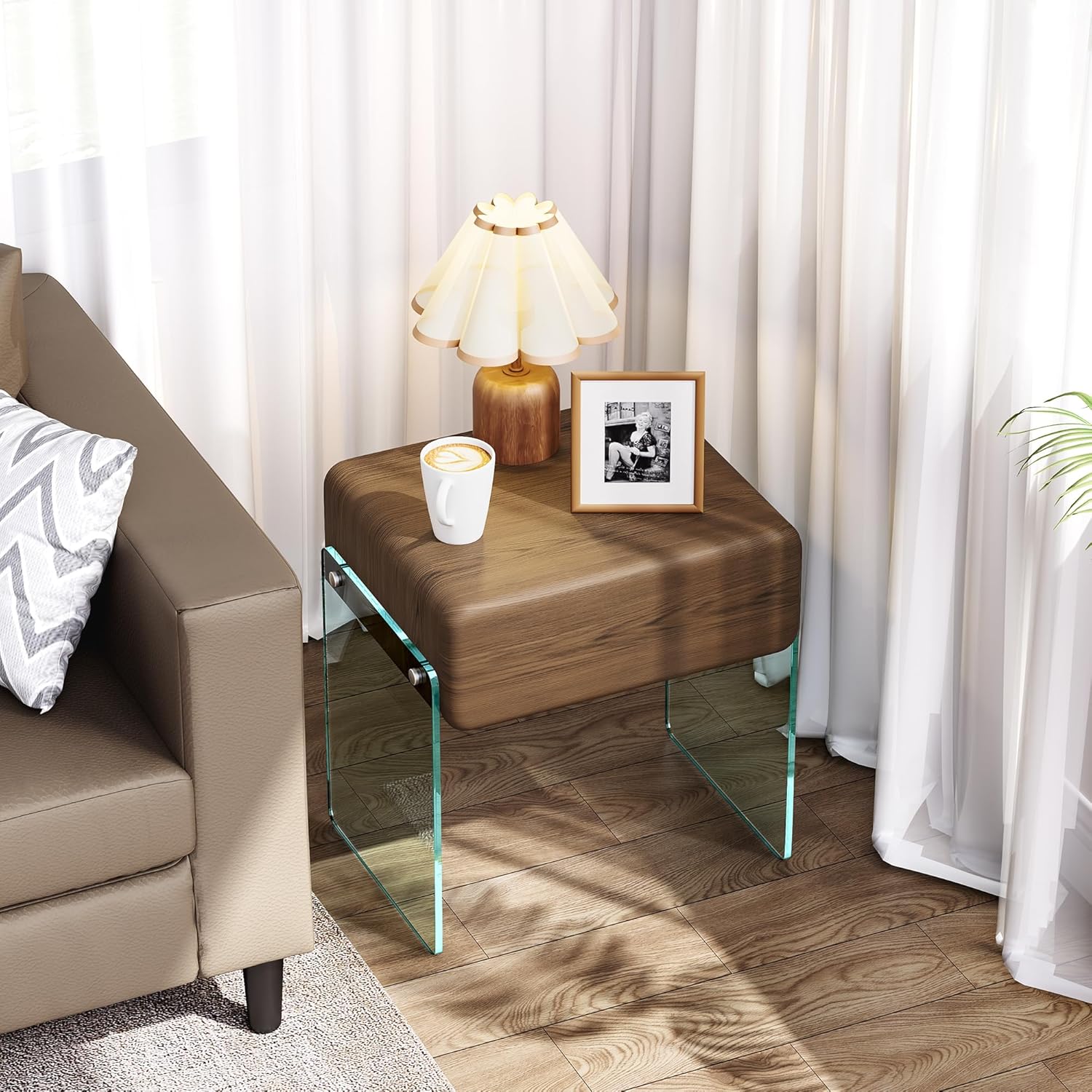 VICITON Nightstand with Drawer, Bedside Side Table, Transparent Glass Legs, Faux Leather Surface, Solid Wood Drawer, for Bedroom (Poplar Grey, 15.7" x 11.8" x 17.7")