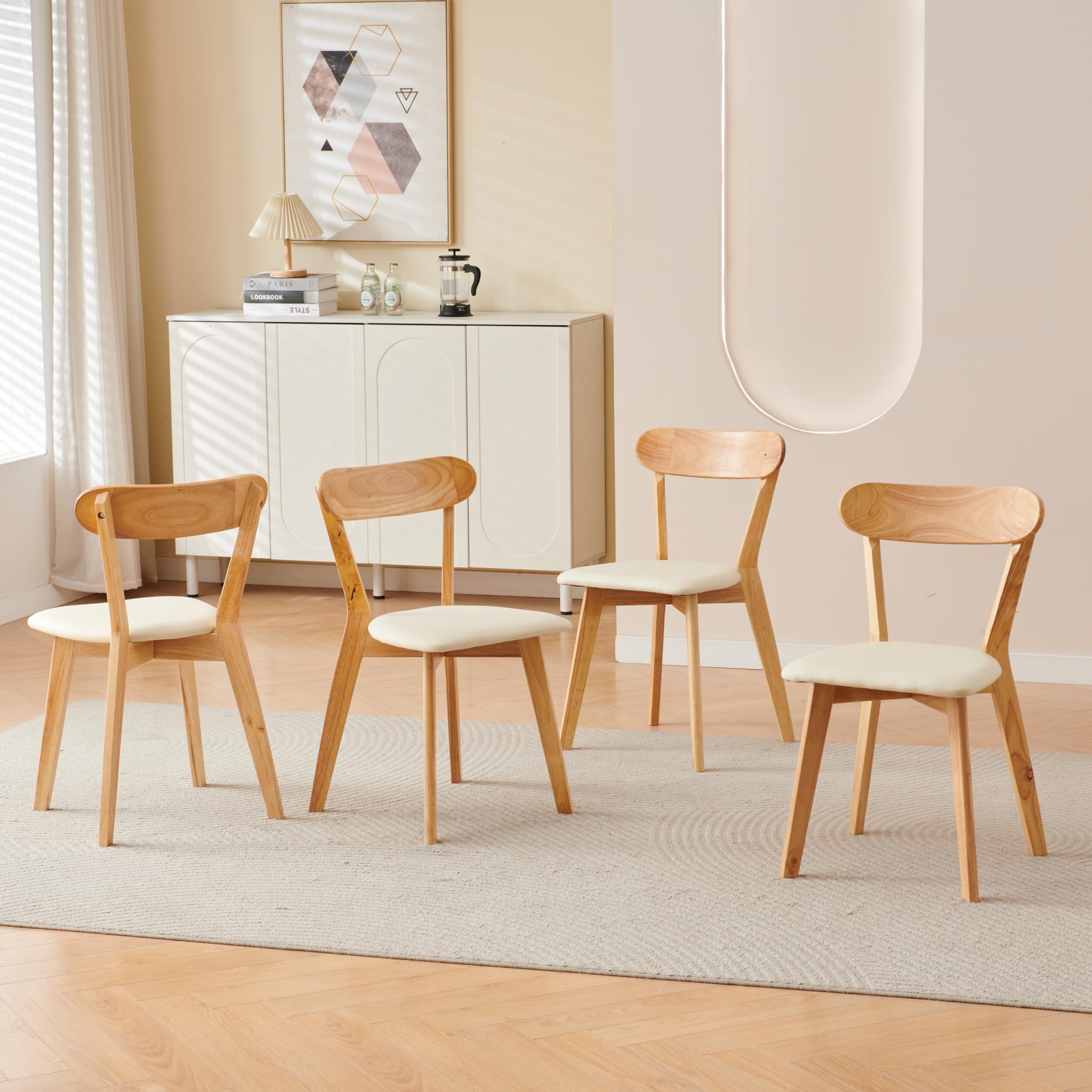 DZOVAD Solid Wood Dining Chairs Set of 4, FSC Certified Kitchen Chairs with Padded Seat, 100% Natural Timber for Home Dining Room (4, Wood/Beige-pad, Curved Back)