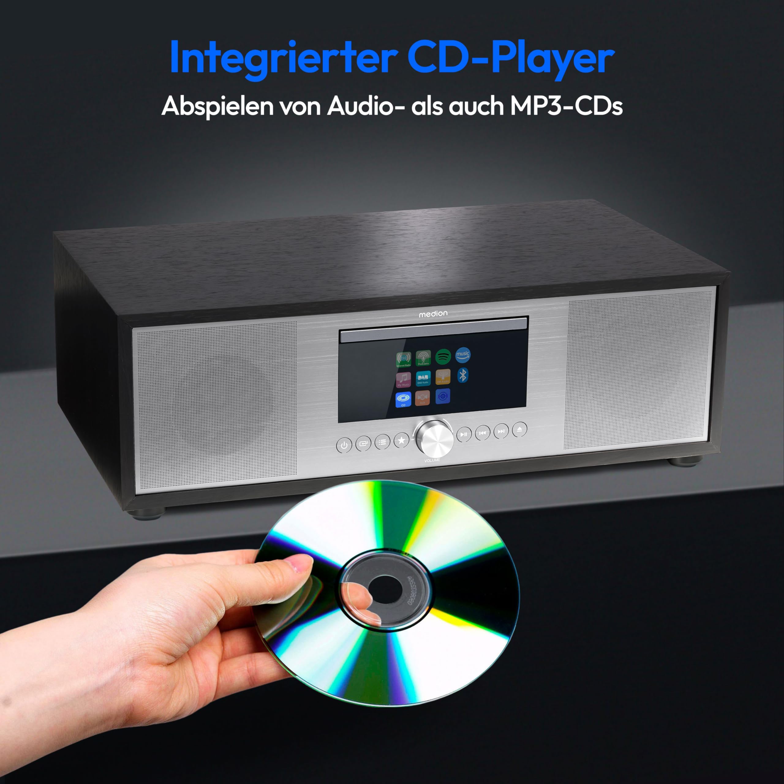 MEDION P66400 Stereoanlage (Internetradio, DAB+, CD/MP3-Player, Spotify Connect, Amazon Music, PLL UKW Radio, USB, AUX, Kompaktanlage, Subwoofer Weckfunktion, Sleep Einschlafautomatik) Silber