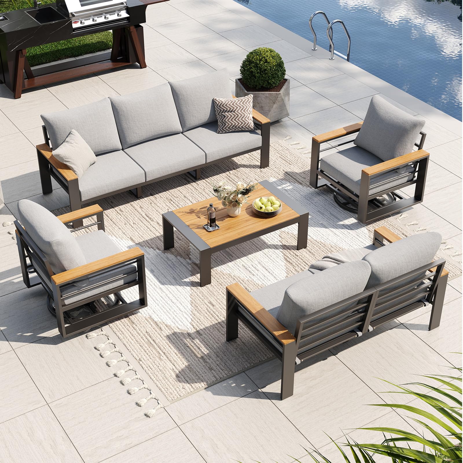 Aoxun Aluminum Patio Furniture Set with Swivel Chairs &amp; Fire Pit Table