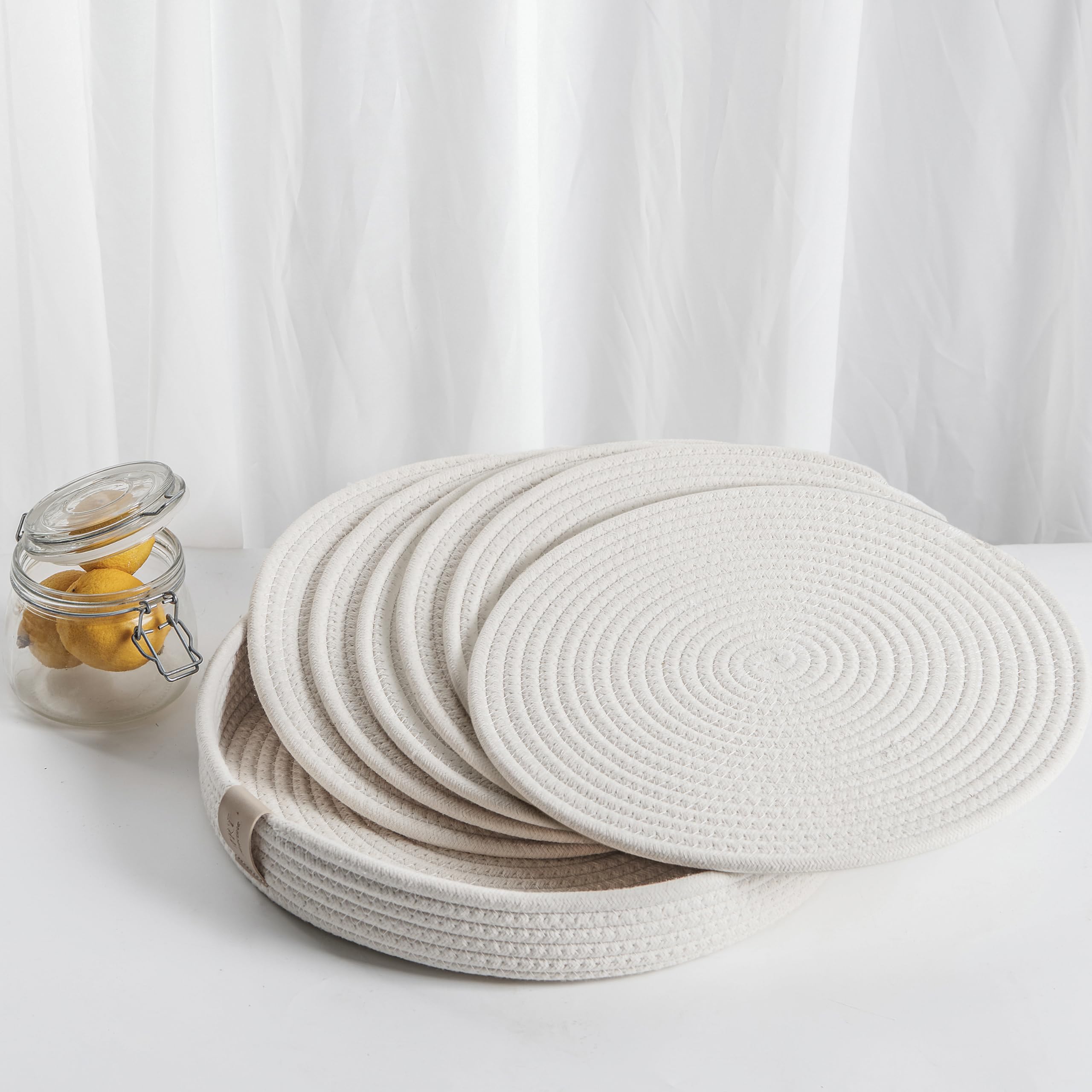 Platzsets aus gewebtem Baumwollseil, rund, 6 Stück, mit Halter, rutschfest und hitzebeständig, Shabby-Chic-Tischsets (gebrochenes Weiß, 33 cm, 6 Stück)