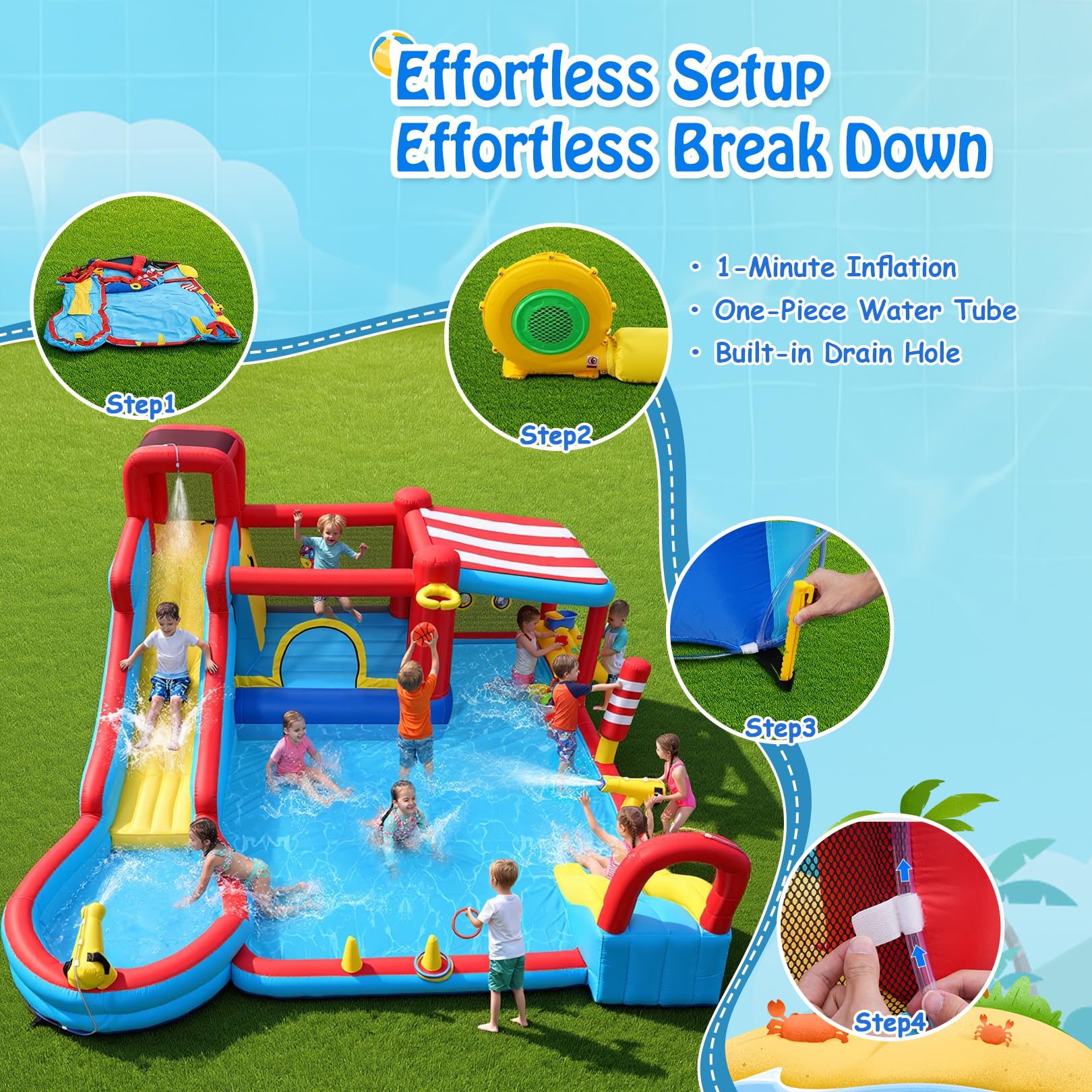 Tobogán acuático Inflable 15 en 1 Castillo Hinchable con tobogán Largo y Piscina Grande, Soporte para Aperitivos con toldo, Mini tobogán, Niebla y cañones de Agua para niños, jardín, Fiesta al Aire
