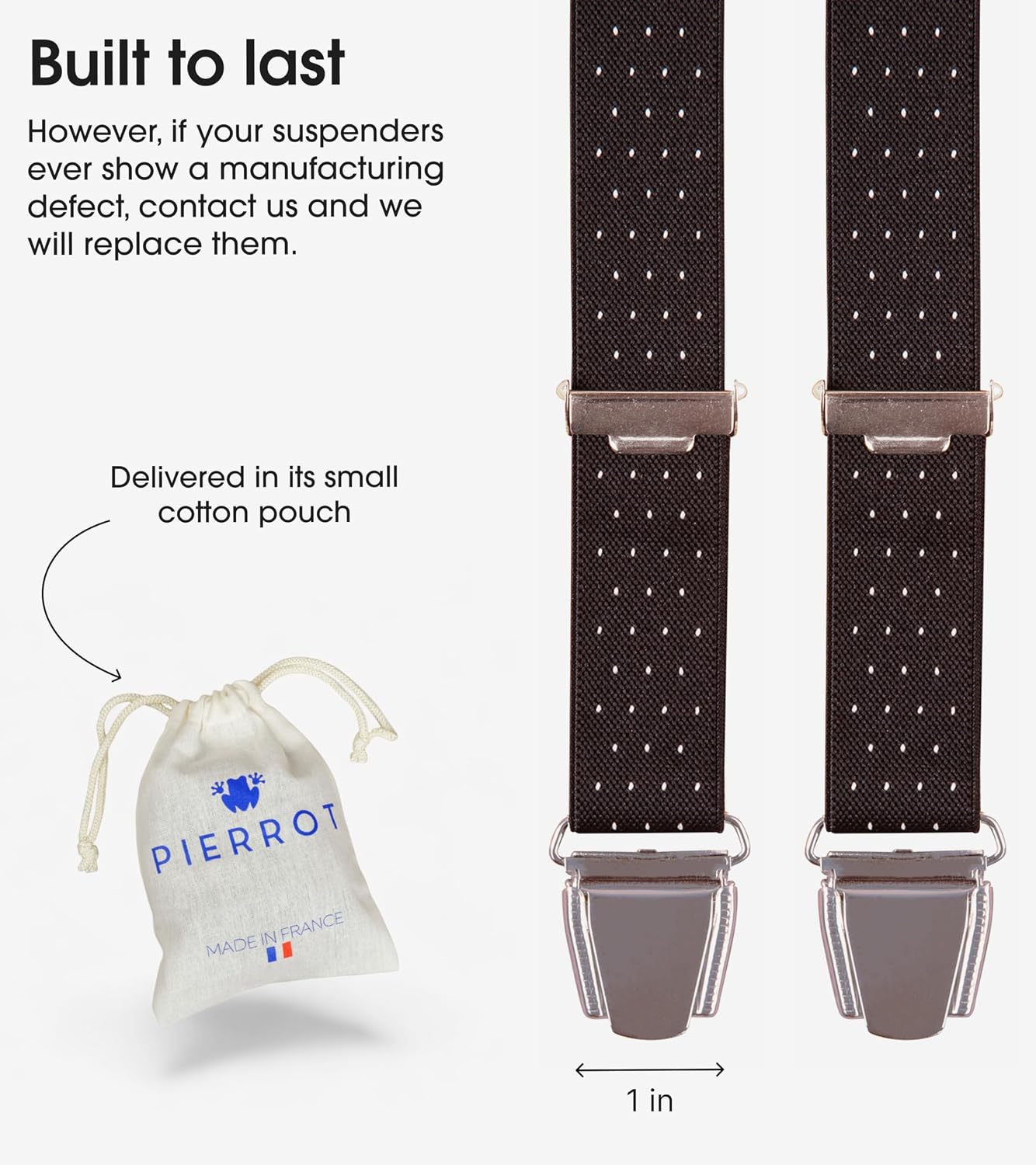PIERROT Skinny Suspenders for Men with Very Strong Clips - One Size Adjustable and Elastic - Thin Heavy Duty Braces
