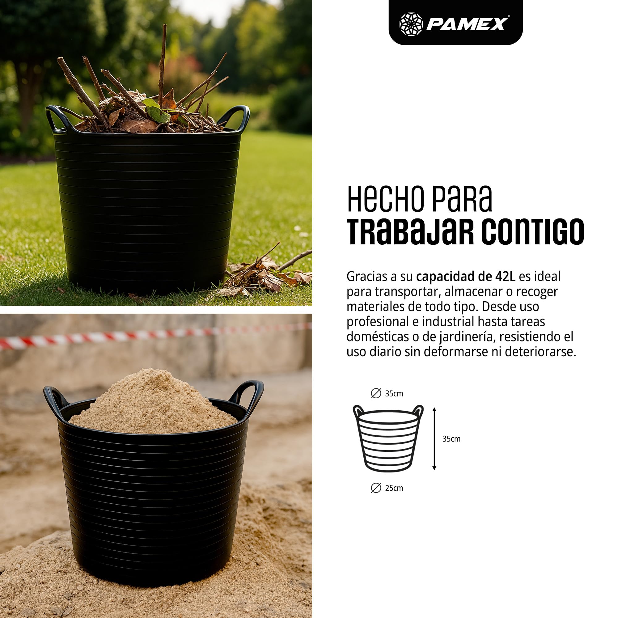 Pamex - Capazo Negro Plástico 26L Flexible Asas Resistentes Cubo Espuerta Trabajo Vendimia 35X35X34cm - 12 Unidades