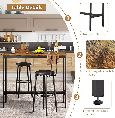 Miniatura 3 de Lecut Juego de mesa de bar de 43 pulgadas y 2 sillas, 3 piezas para espacios pequeños, mesa de comedor rectangular para 2 mesas de bar de altura de