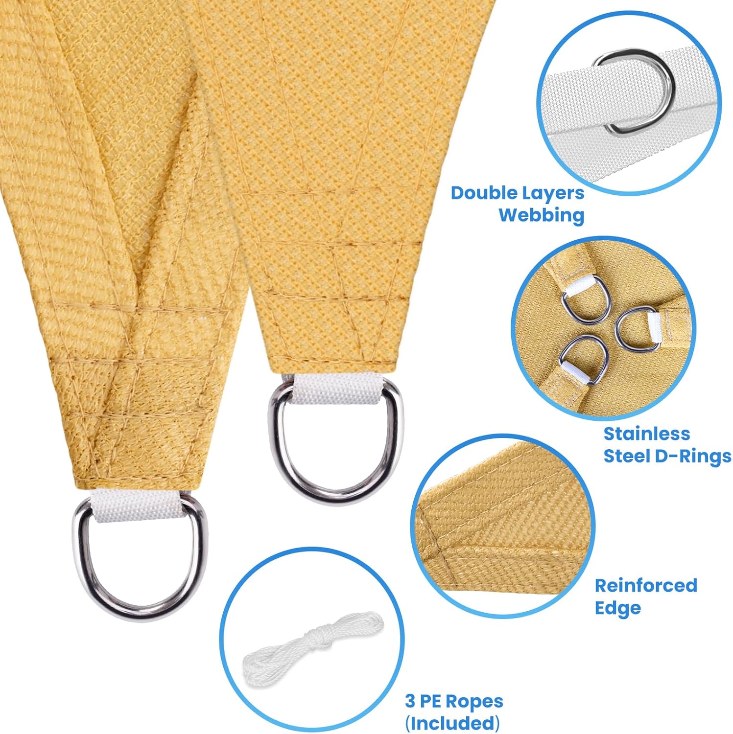 StorageTastic Triangle Sun Shade Sail - 16' x 16' x 16', UV Block Awnings for Patio Shade with Ropes Resist Wear, Tear & Fade, Breathable Sunshades for Outdoor Patio, Garden, Deck, Yard (Sand)