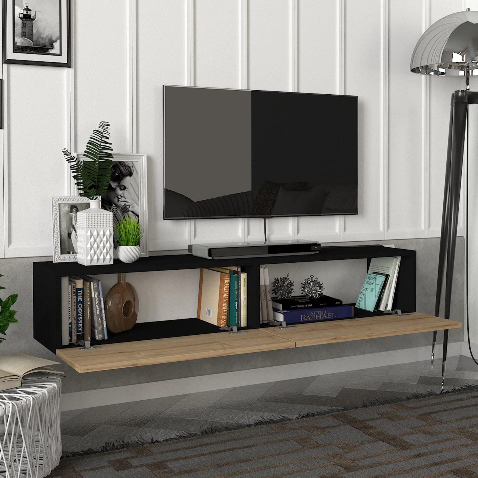 [en.casa] Mueble TV Toivakka Diseño Flotante Mesa TV Suspendido con 2 Compartimientos 2 Puertas Abatibles Máx. 28 kg Aglomerado 135 x 31 x 25 cm - Negro/Roble