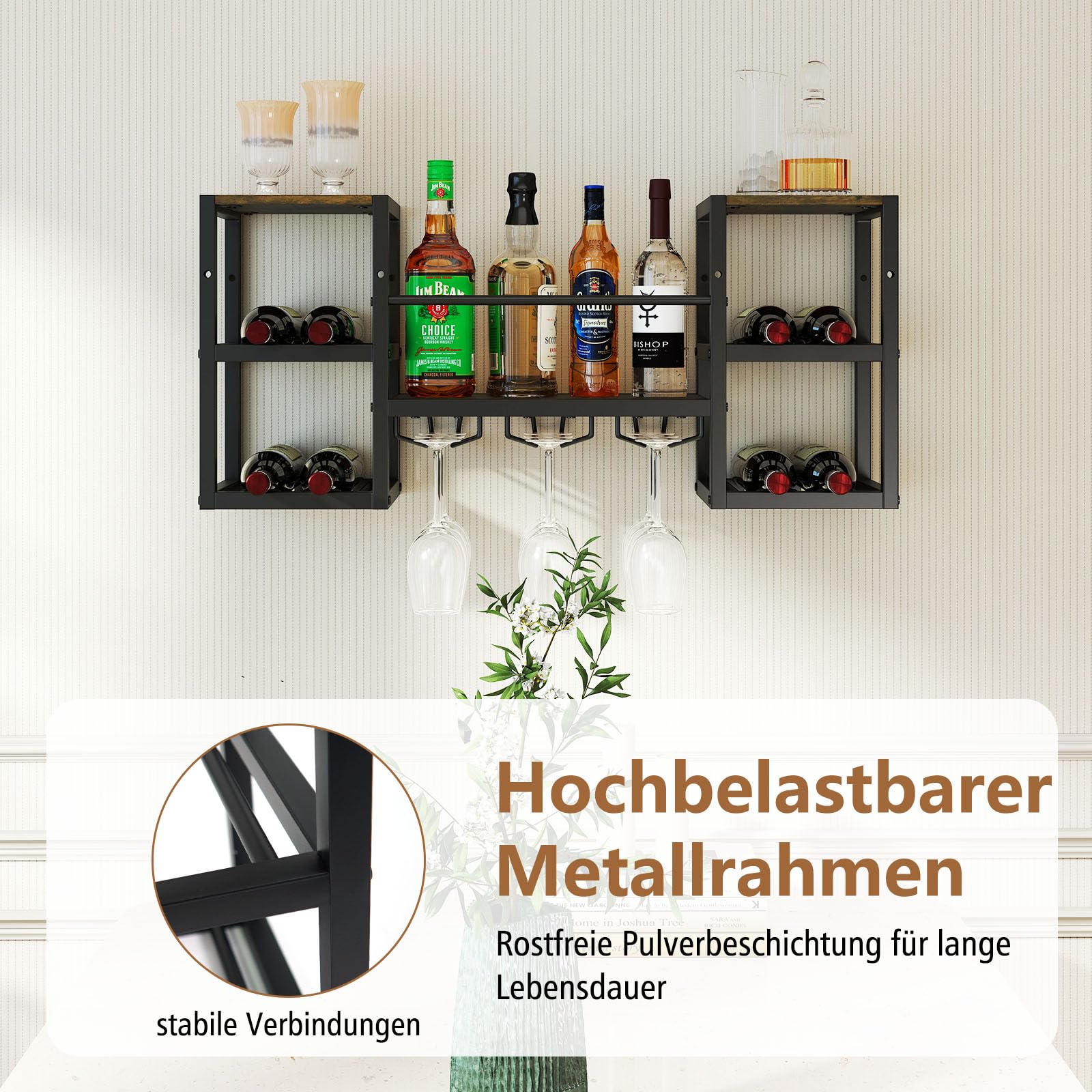 COSTWAY Regał ścienny na wino, regał na 8 butelek i 9 kieliszków do wina, regał ścienny, drewniany z metalową ramą, industrialny design, idealny do domu, baru, kuchni i restauracji