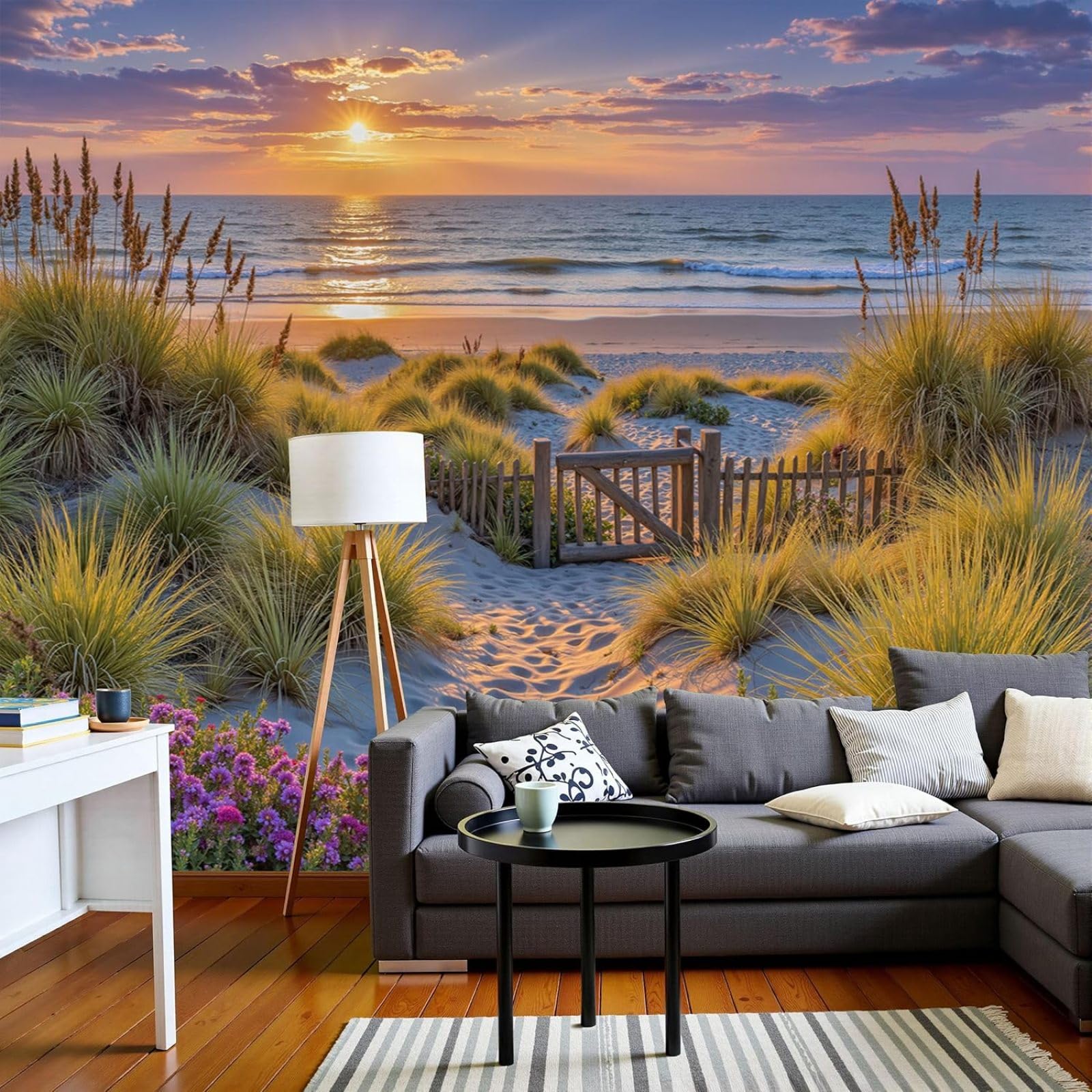 XXL Nature Seascape Photo Wallpaper, Dense Sand Dune Vegetation Landscape 3D Effect, Green, for Living Room/Bedroom, Non-woven Wallpaper, Wall Mural, 200cm x 140cm, Stickers - Frameless Painting - Pos