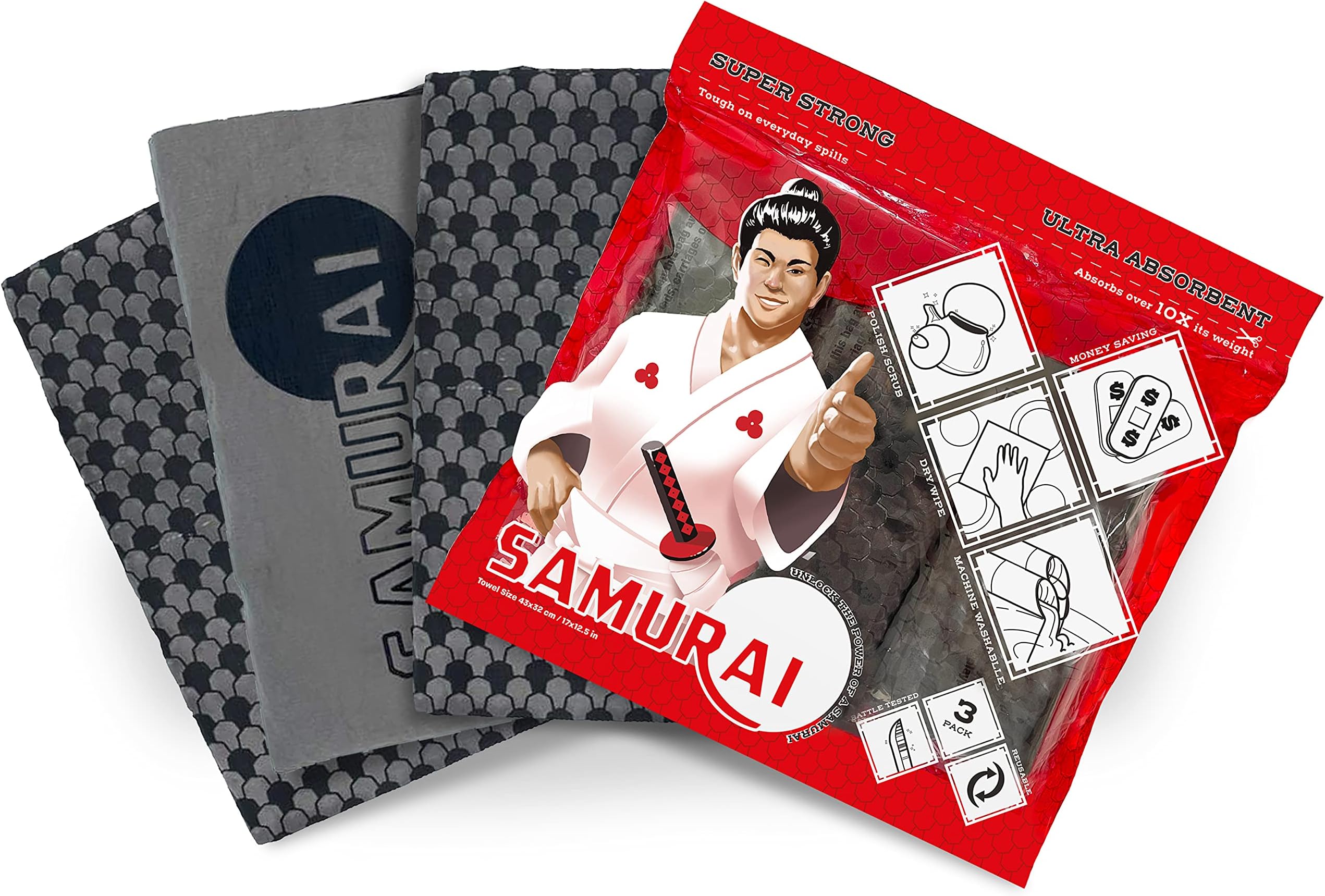 Samurai Reusable Chamois Kitchen Towel Set of 3, Premium Multi Purpose Ultra Absorbent Microfiber Shammy Cloth for Cleaning Dishes, Countertops, Windows, Couches, Bathrooms, Pets, Cars, Motorcycles.