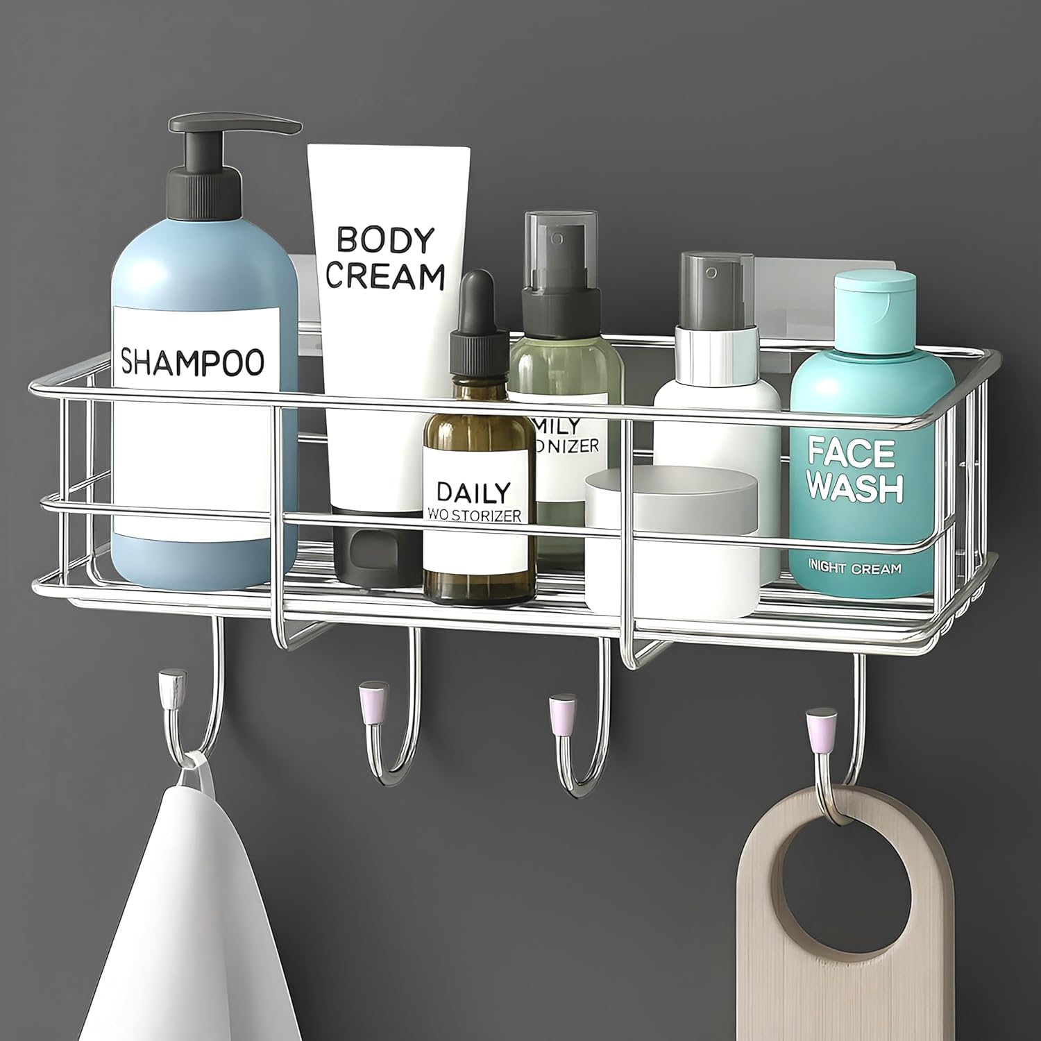 Plantex Stainless Steel Self Adhesive Bathroom Shelf/No Drill Bathroom Organizer with Hooks/Washroom Shelf- Pack of 1(Chrome) Plantex Stainless Steel Self Adhesive Bathroom Shelf/No Drill Bathroom Organizer with Hooks/Washroom Shelf- Pack of 1(Chrome)