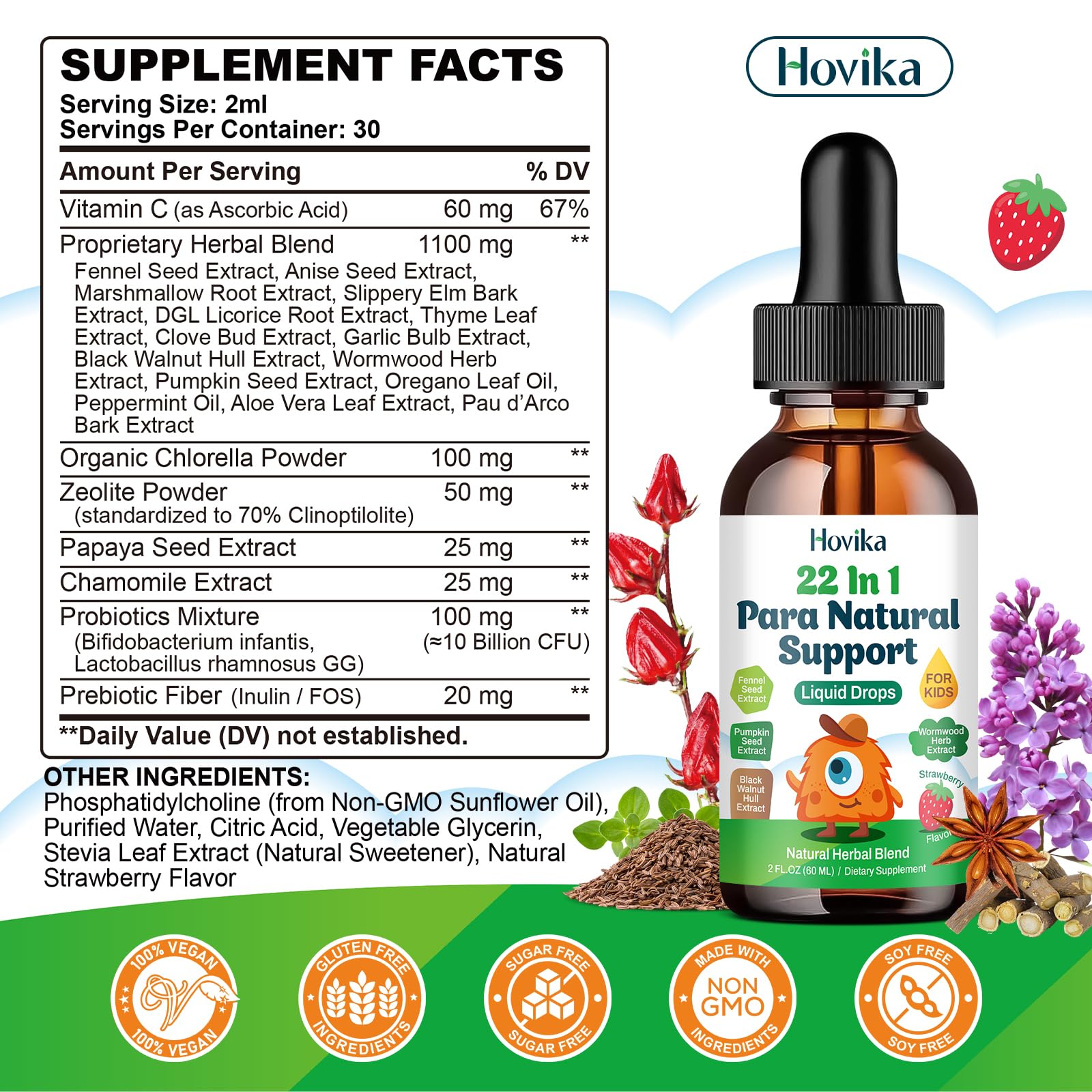 22 in 1 Parasite Cleanse for Humans & Kids, Herbal Gut Cleanse Liquid Drops, Zeolite Detox for Kids with Wormwood Black Walnut Clove, Chlorella, Probiotics & Prebiotic, Strawberry Flavor, 2 Fl Oz — Amazon image 2
