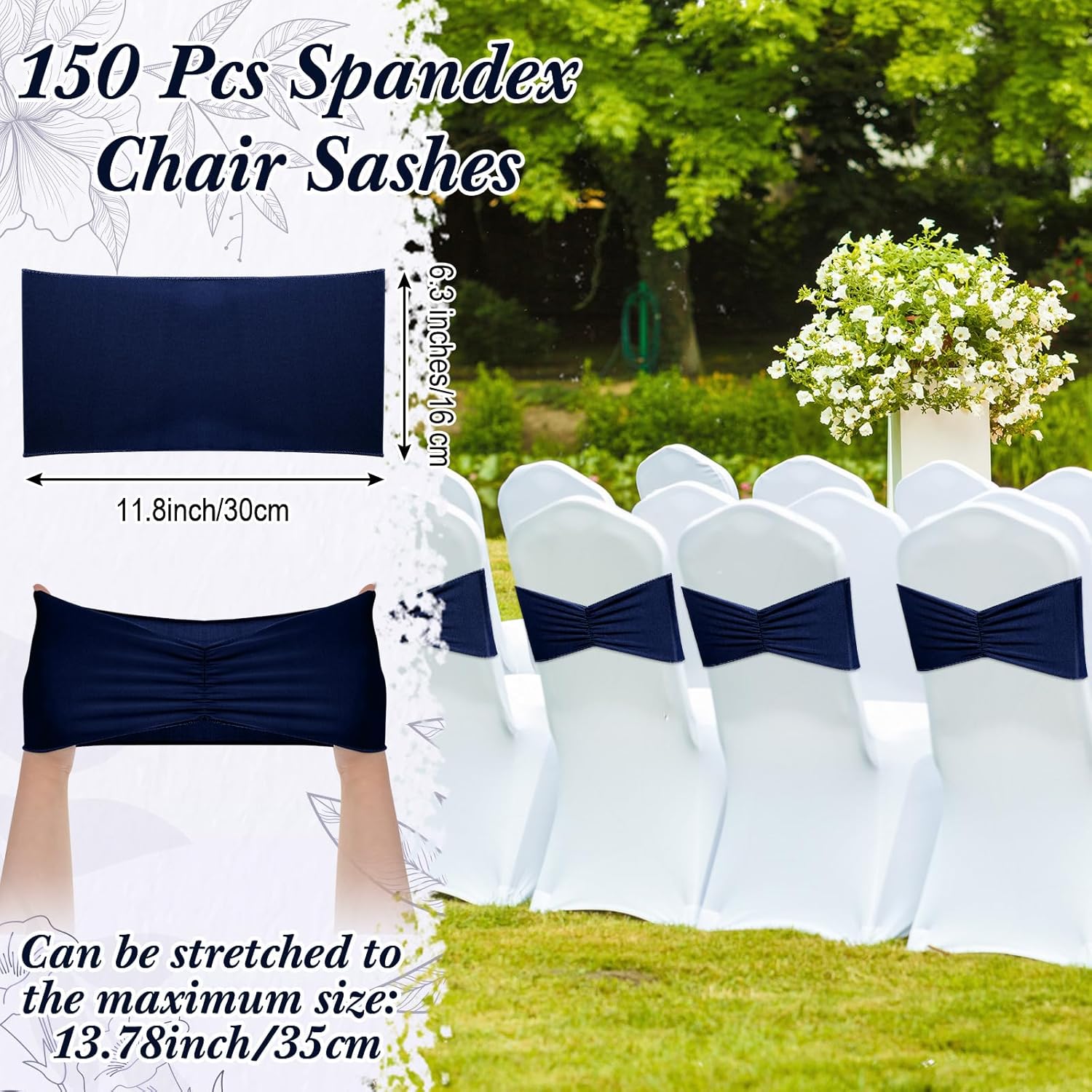 Moukeren 150 Pcs Spandex Chair Sashes Bows Bands Chair Covers Decorations Elastic Ribbon Seat Ties for Wedding Birthday Party Banquet Hotel Events Ceremony(Navy Blue)
