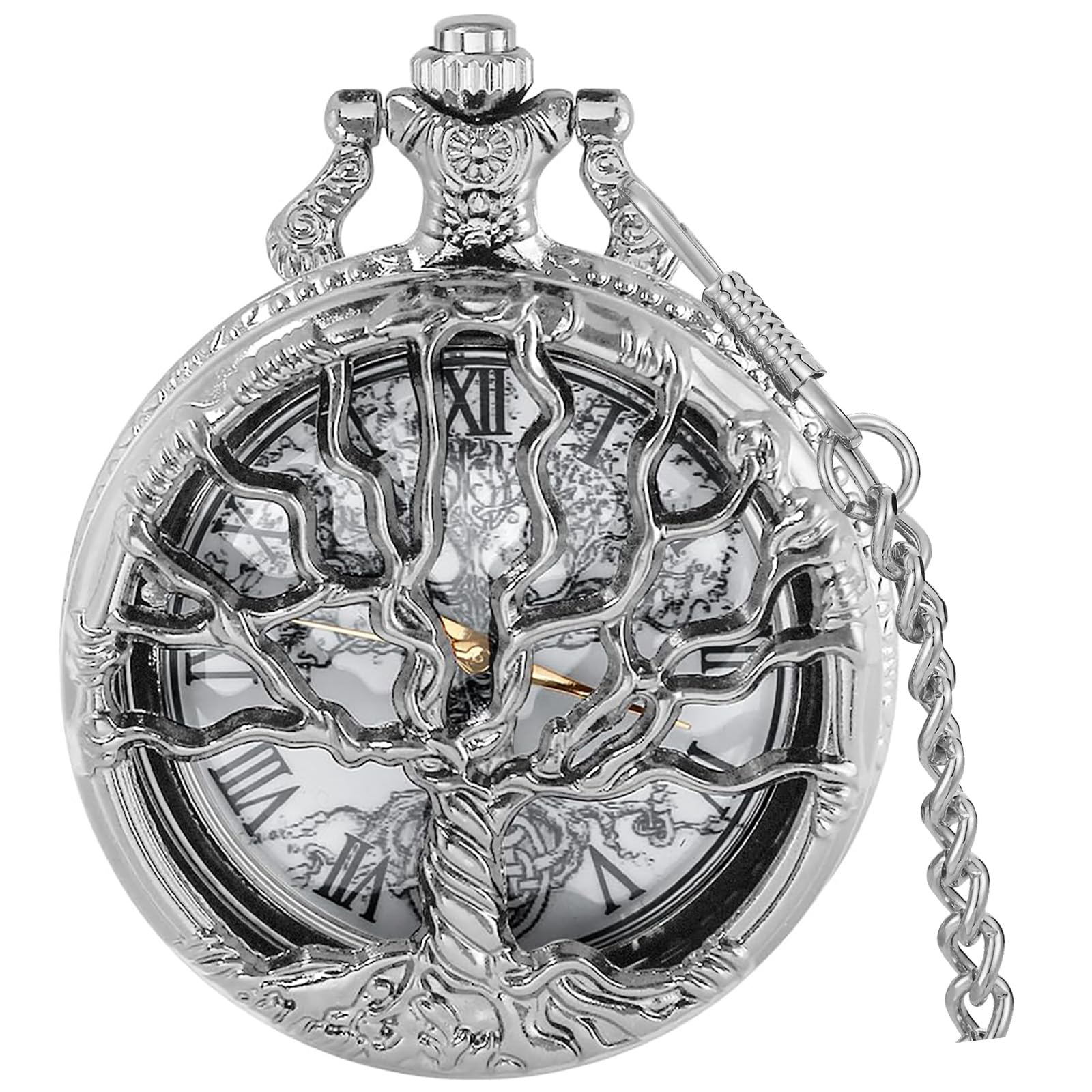 Van Gogh Montre de poche à quartz avec chiffres romains et lune étoilés et boîtier argenté pour homme et femme (avec sac cadeau)