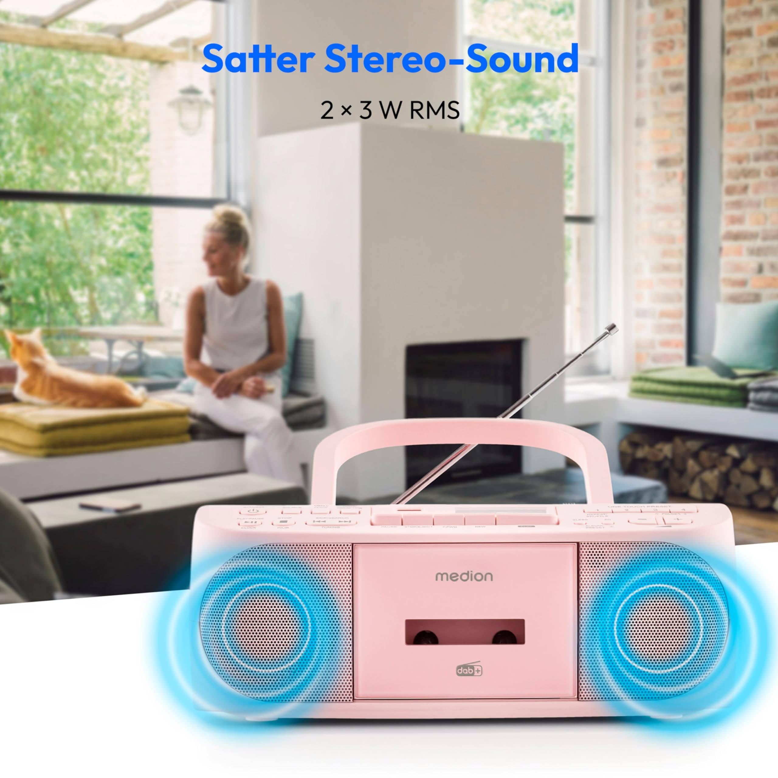 MEDION DRX-1 Plus Boombox (przenośne radio DAB+ FM, Bluetooth, odtwarzacz CD, MP3, kaseta, gniazdo słuchawkowe, system stereo Sound, AUX, sieć i bateria) różowy