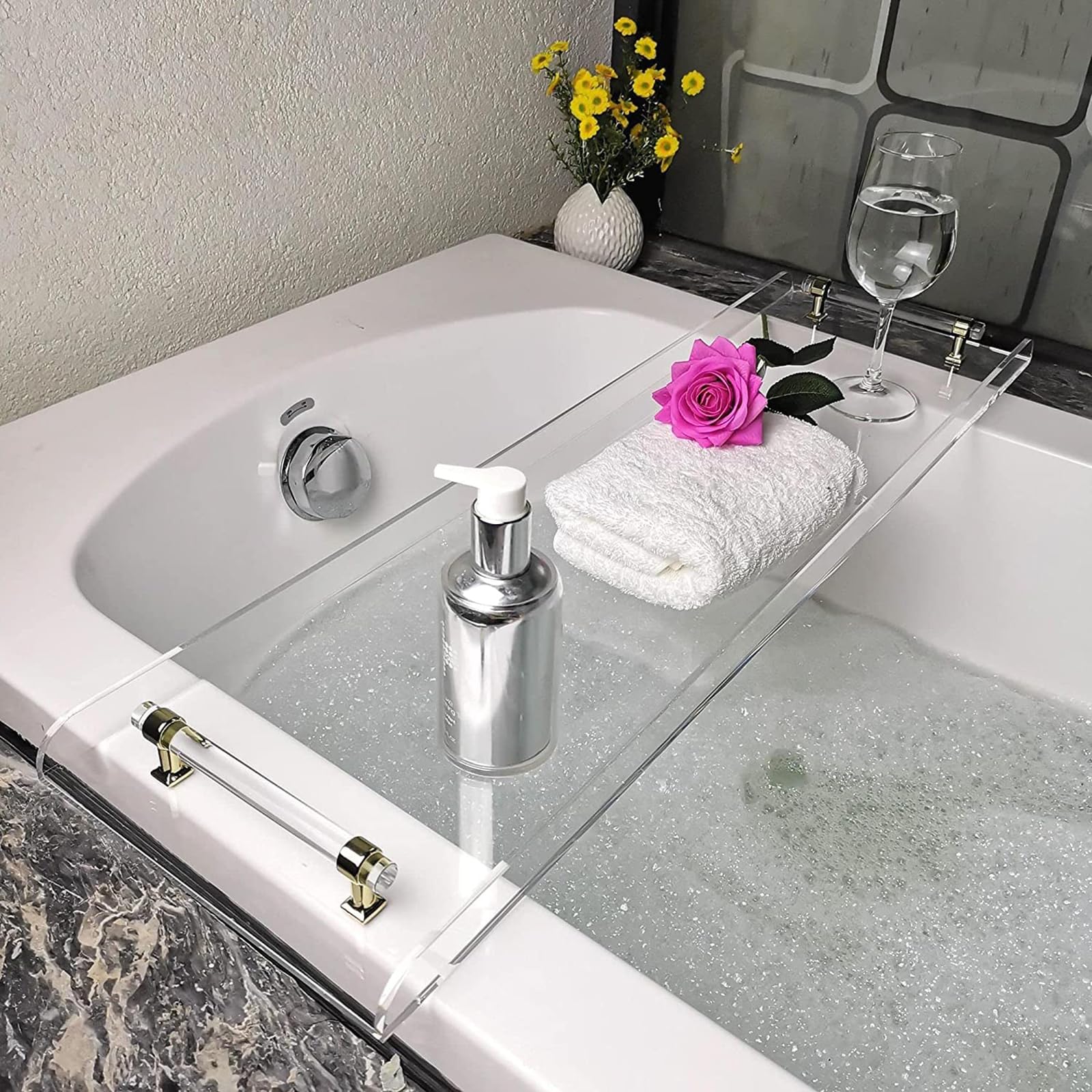 Uck-Kit Women's Gold Luxury Bathtub Caddy Tray, Acrylic Bath Tray For Tub With Handle, Shower Gift For Fits Most Tubs,