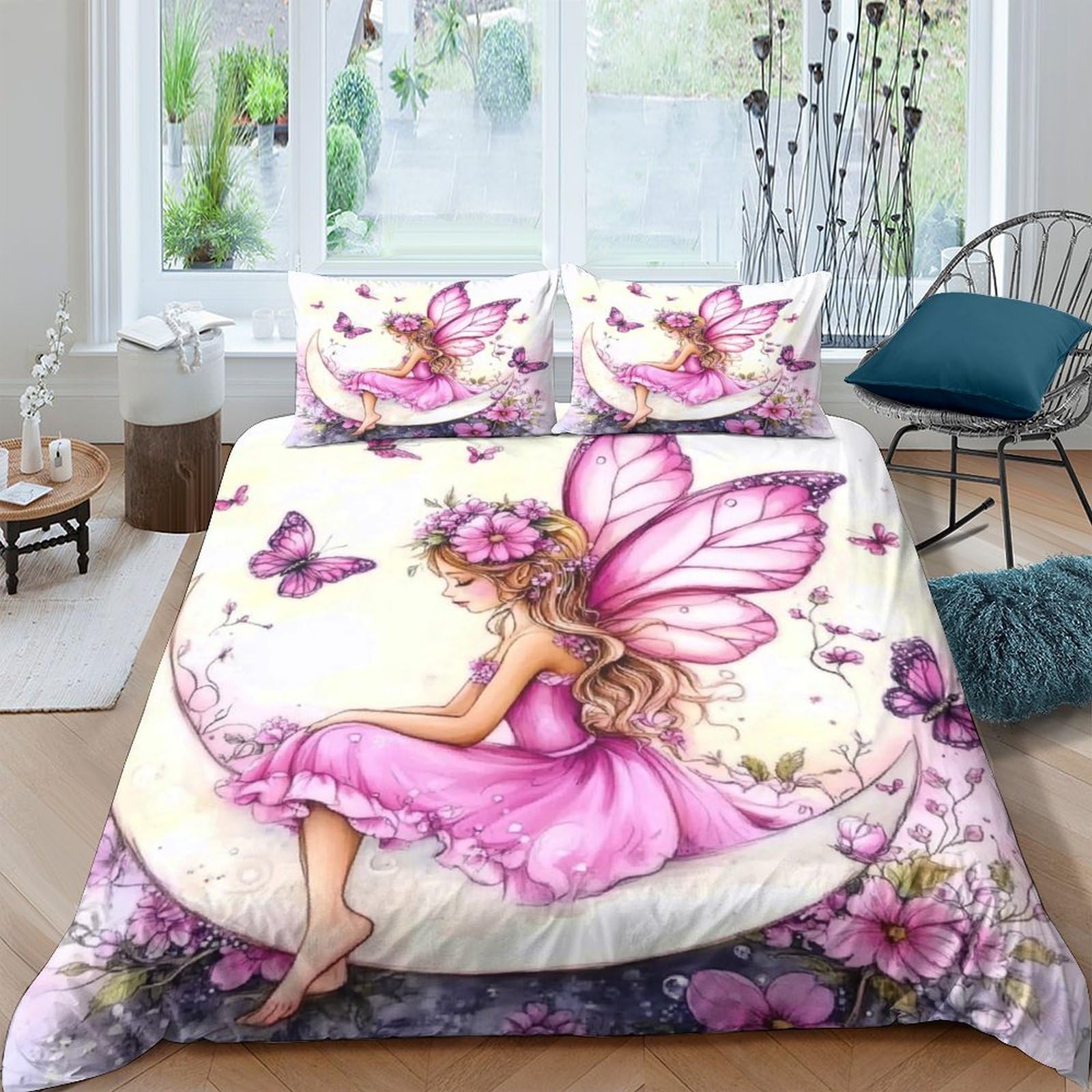Ctjqhvkz Style-4 3D Printed Pink Fairy Butterfly Fitted Sheet Microfiber Soft Anti-Slip Floral Mattress Cover Bedroom Decor Single（135X200cm）