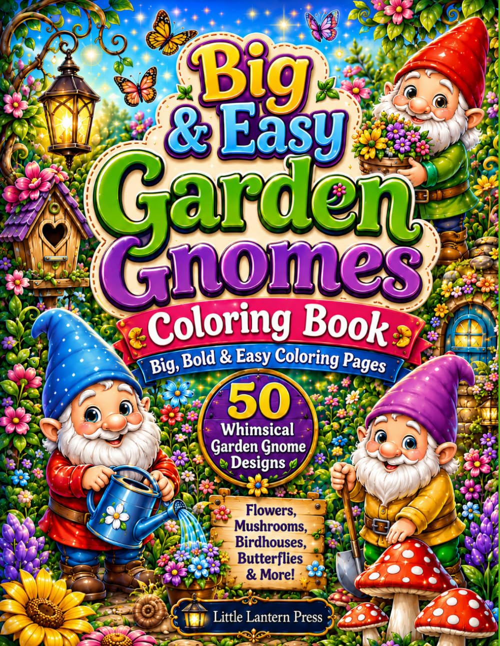 Big & Easy Garden Gnomes Coloring Book: Big, Bold & Easy Coloring Pages with 50 Whimsical Garden Gnome Designs