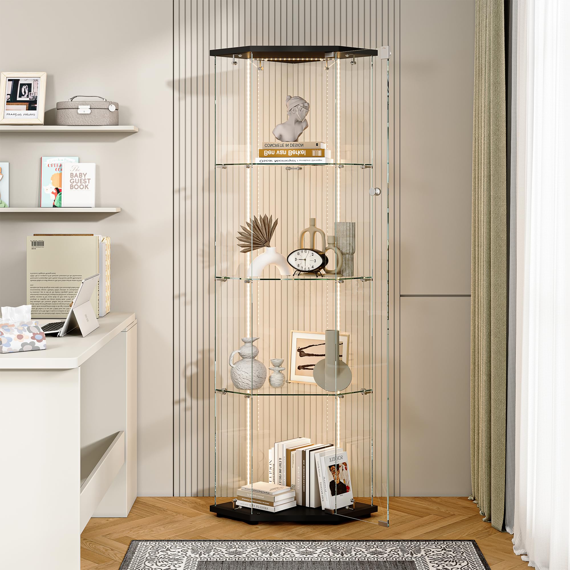 Vitrina de esquina con LED, vitrina de cristal de esquina, vitrina coleccionable con puerta, vitrina de cristal de 5 capas, resistente al polvo, para coleccionables, libros, vino, para salón