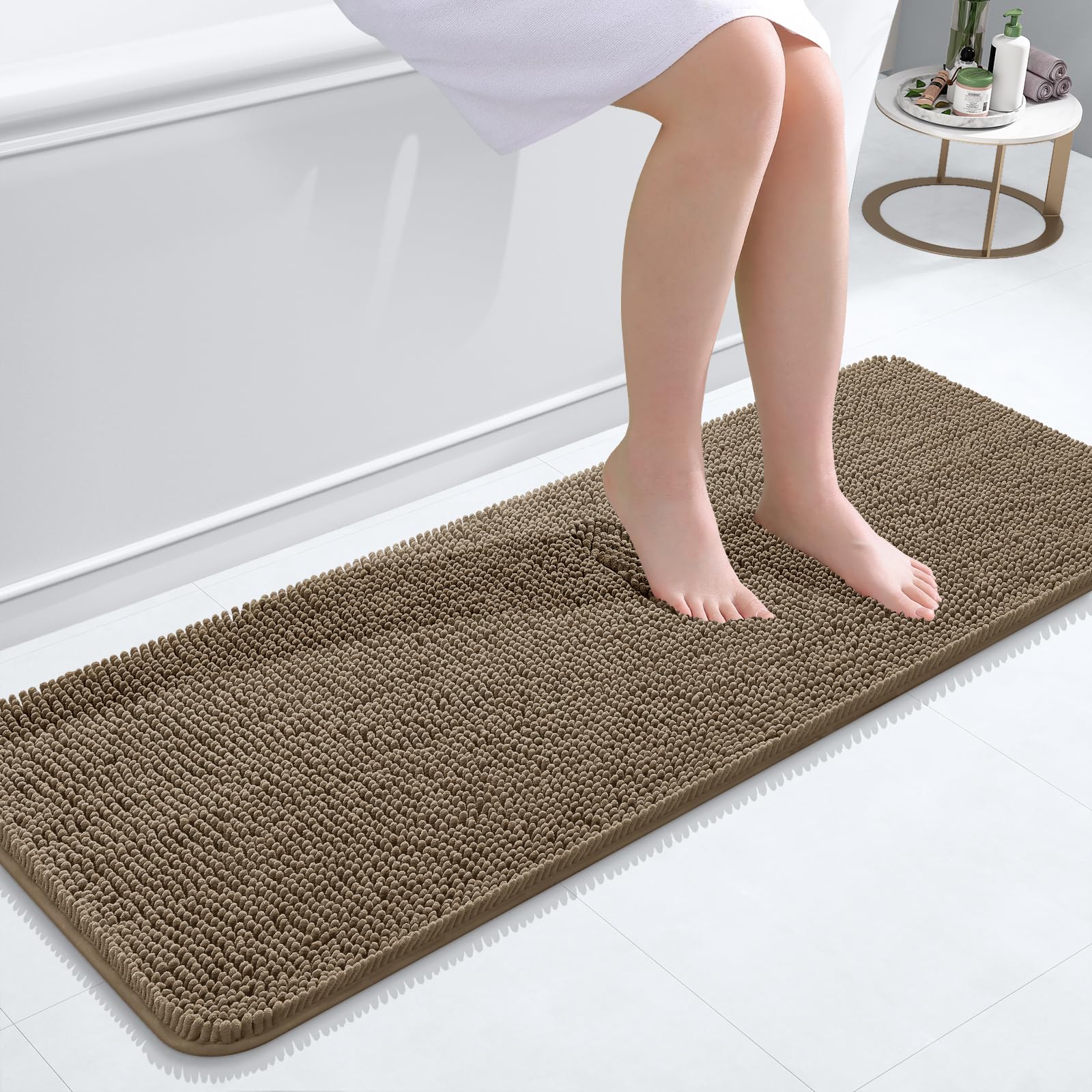 OLANLY Bathroom Runner Rugs 47x17, Extra Soft Absorbent Chenille Bath Rugs | Tan, Quick-Drying Rubber Backing, Machine Washable Long Bath Mat for Bathroom Floor, Tub and Shower, Home Decor Accessories