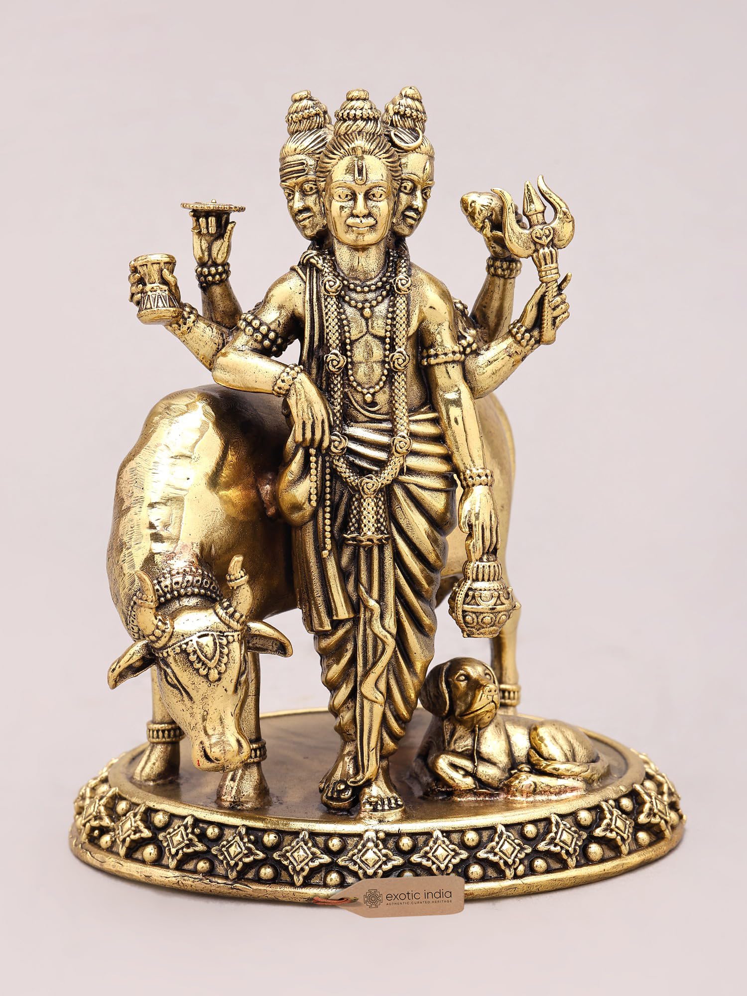 Exotic India Superfine Lord Dattatreya Brass Idol | Handcrafted Hindu Deity Statue for Home Temple, Puja & Spiritual Decor