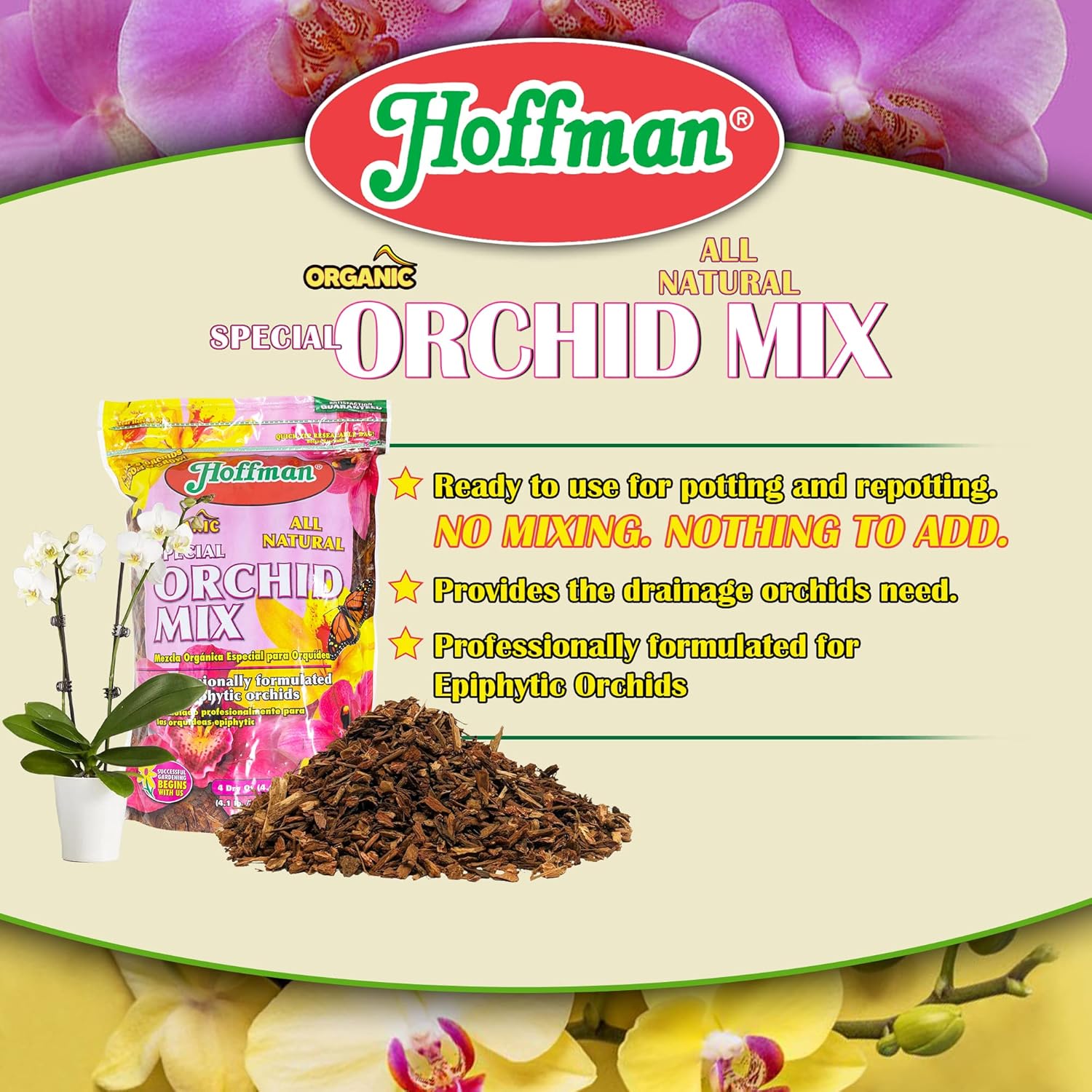 Hoffman Organic All-Natural Pre-Mixed Special Orchid Potting Mix for Better Blooms in Epiphytic Orchids, 4qt Bag, 2 Pack