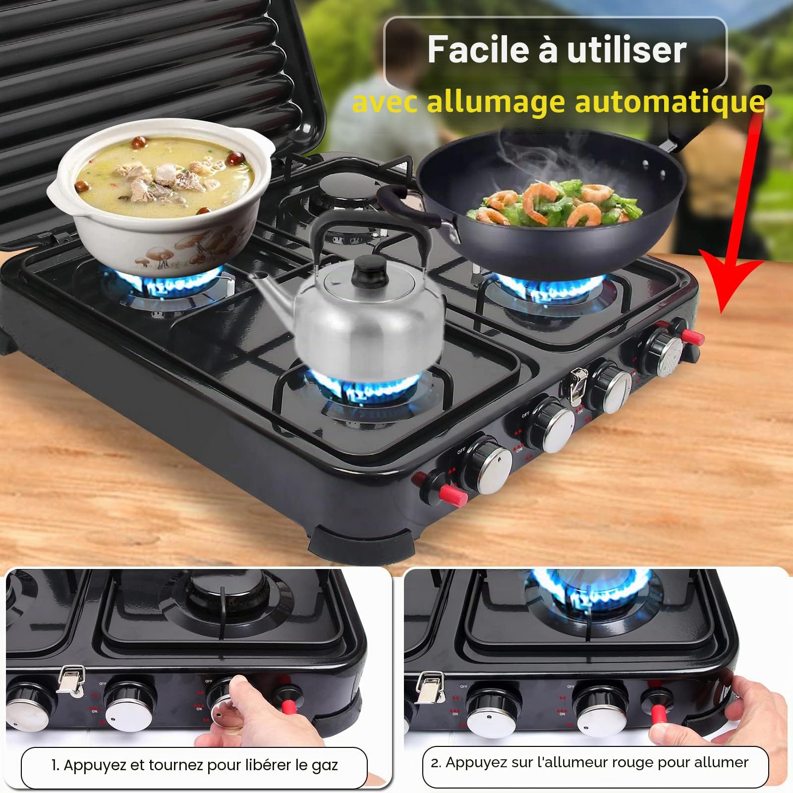 8.8KW Réchaud Gaz 4 Feux, Réchaud à Gaz de Camping Portable Avec Allumage Piezo et Régulateur, Réchaud de Camping Réchaud Extérieur pour Cuisine Plein Randonnée Camping Pêche Pique Nique (Pur Noir)