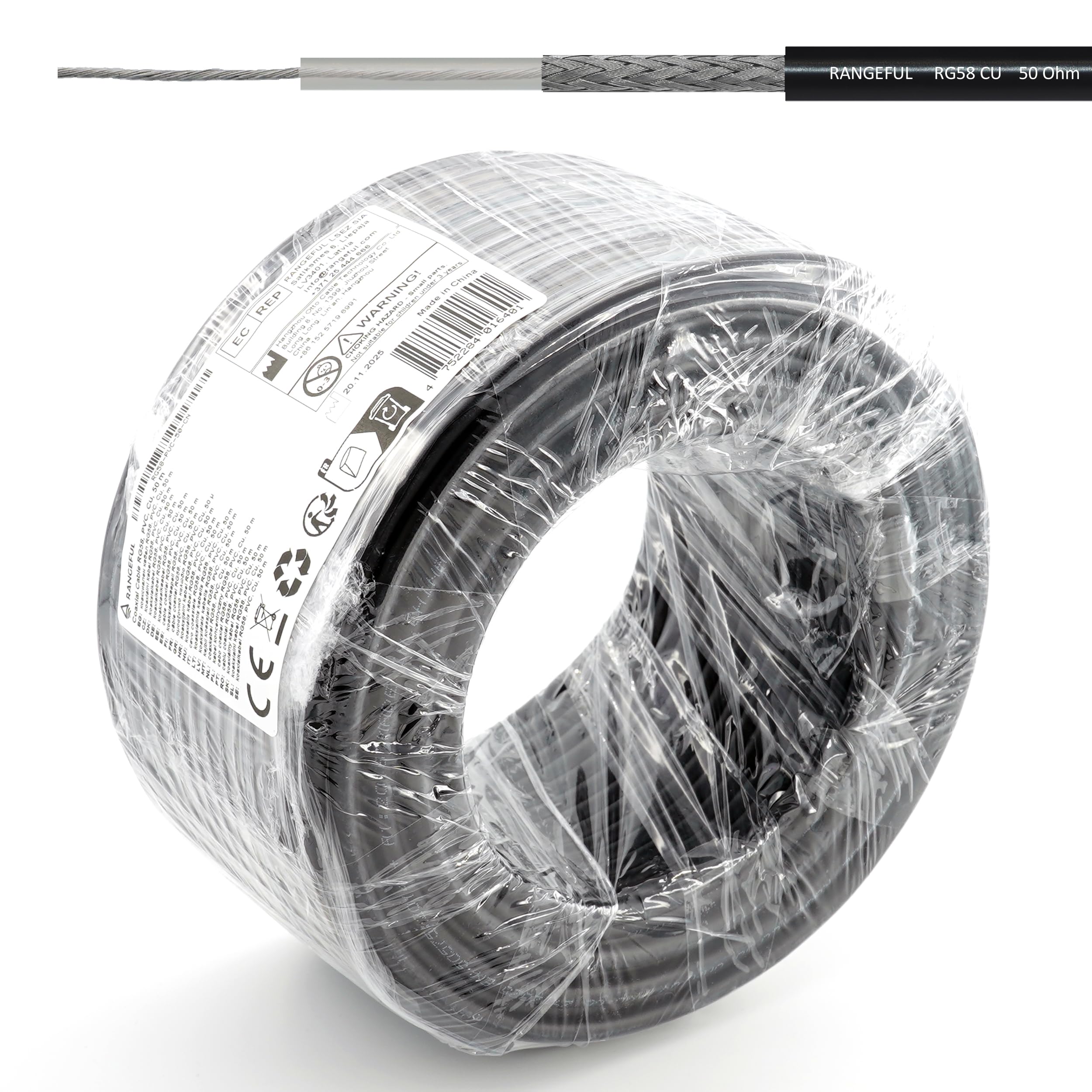 Cable coaxial RG58 CU 50m — Cable coaxial flexible de 50 ohmios totalmente de cobre — Compatible con conectores tipo N, SMA, BNC, TNC, PL259, FME — Para VHF, UHF, radio CB, antenas de router, 4G, 5G