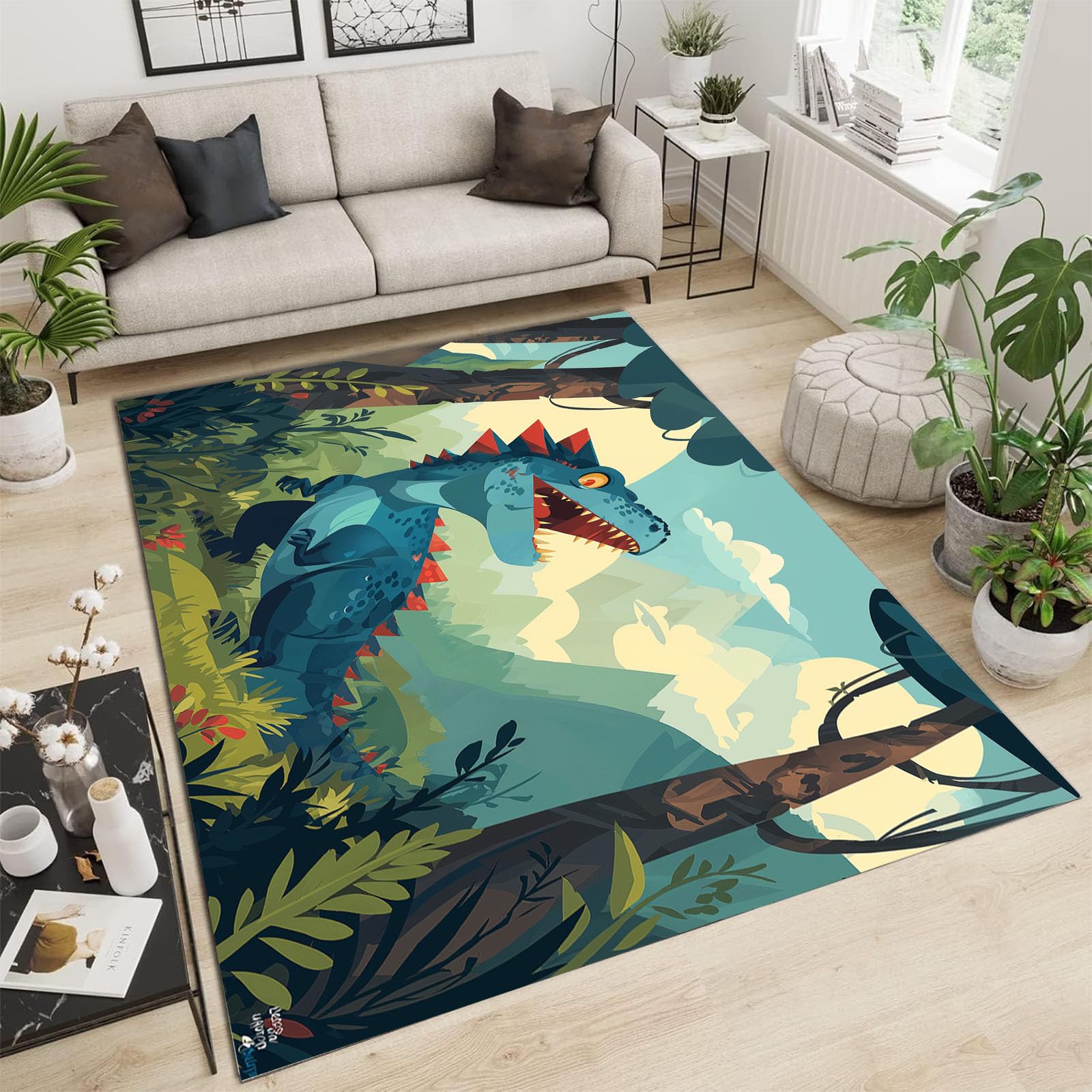Tapis antidérapant et lavable bleu motif dinosaure pour le salon