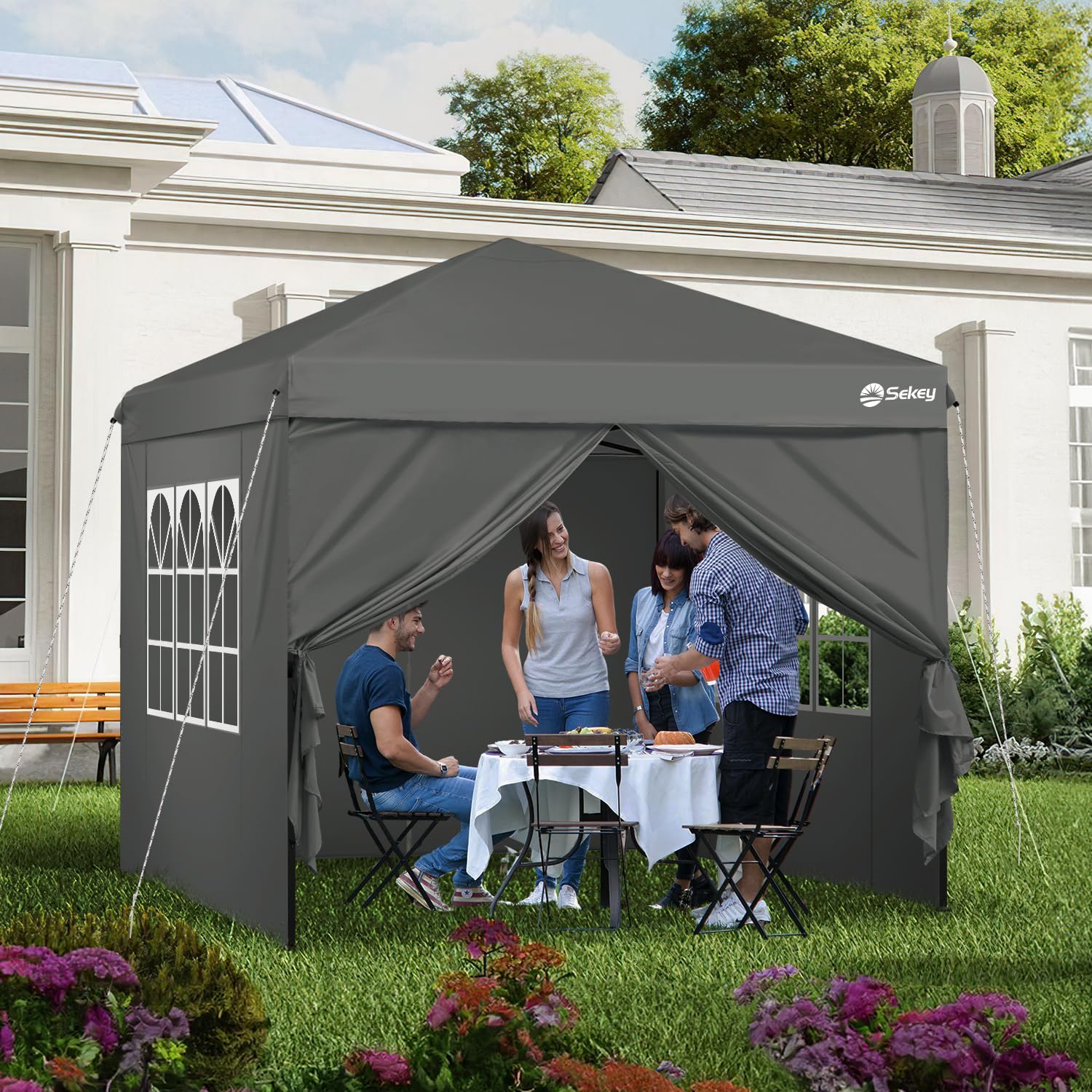 Sekey Tonnelle pop-up de 3 x 3 m, imperméable, stable, pliante, 3 x 3 m, avec parois latérales, tente de fête, pliable, pour camping, fête, hauteur réglable en continu de 250 à 270 cm (gris, 3 x 3 m)
