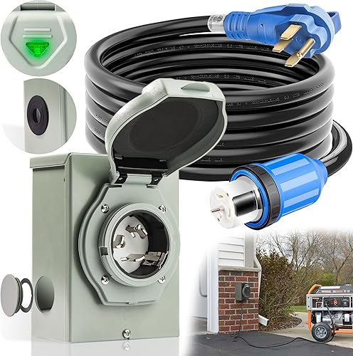 Cable generador de 30 amperios y caja de entrada de alimentación preperforada, cables de generador de 15 pies de 30 amperios, 125250 voltios, 7500