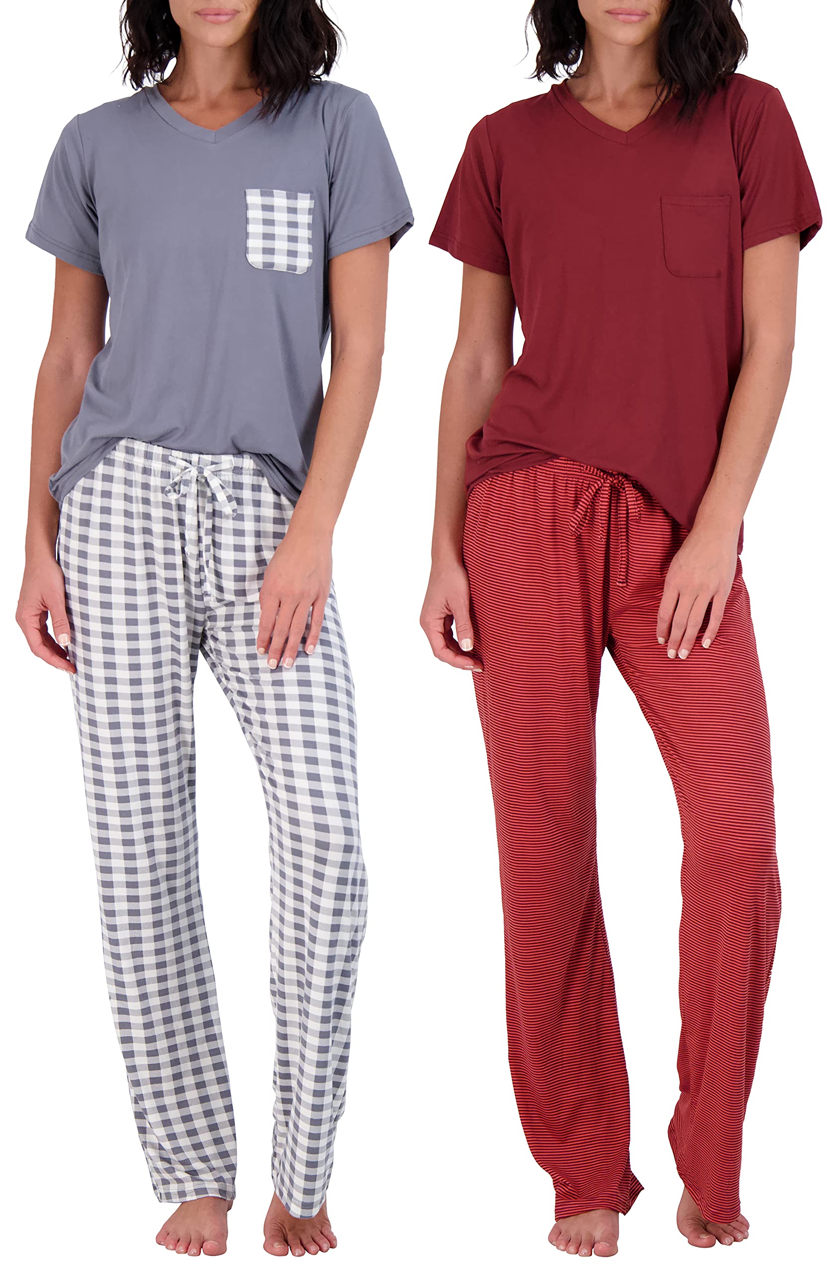 Real Essentials2 Pack: Women's Pajama Set - Choose from Short Sleeve with Pocket or Long Sleeve without Pocket