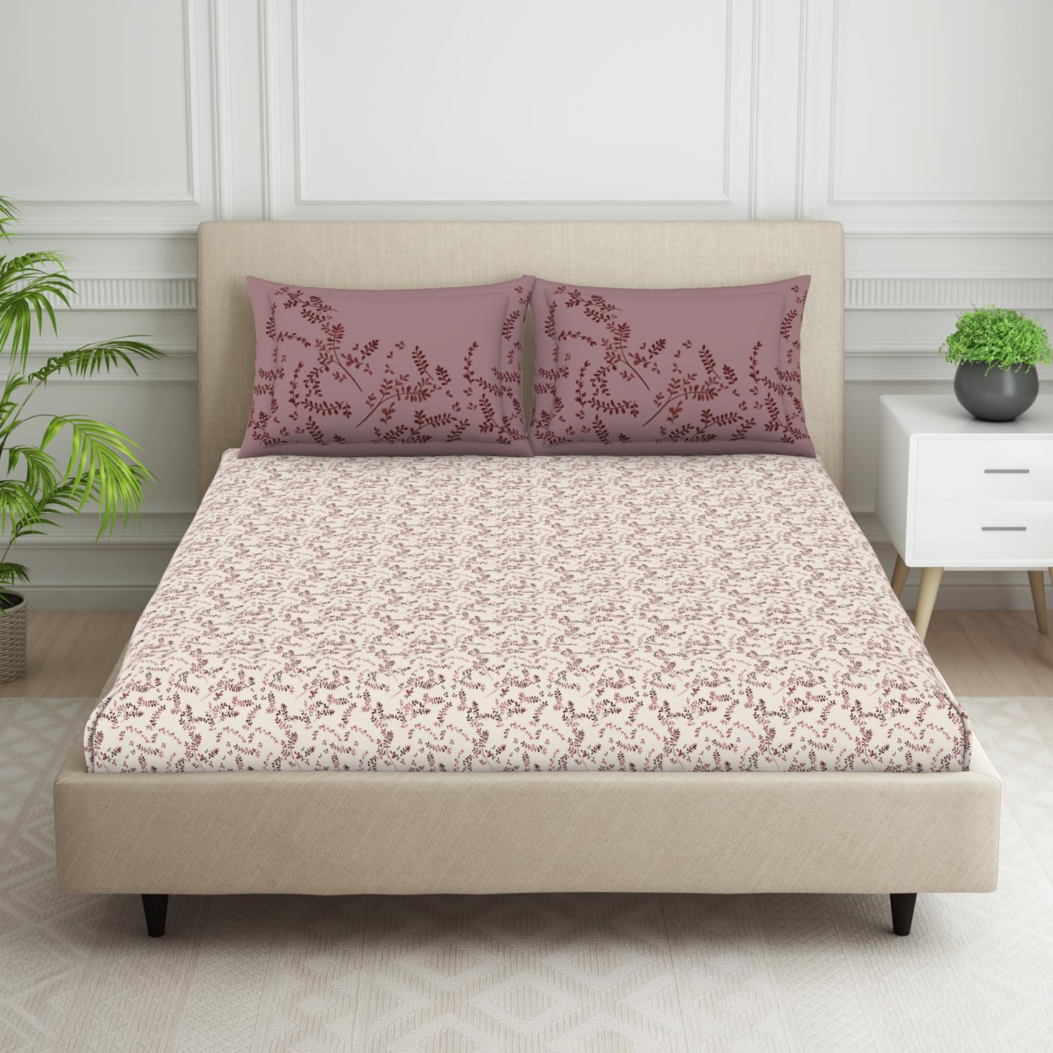 Spaces 100% Cotton Double Fitted Bedsheet with 2 Pillow Covers (Size 60 X78 Inches) | 144 TC Fitted Bed Sheet for Double Bed | Breathable Pure Cotton Queen Size Bedsheet | SS24 | Floral Design Beige (B0D2HD8KW6) Amazon Price History, Amazon Price Tracker