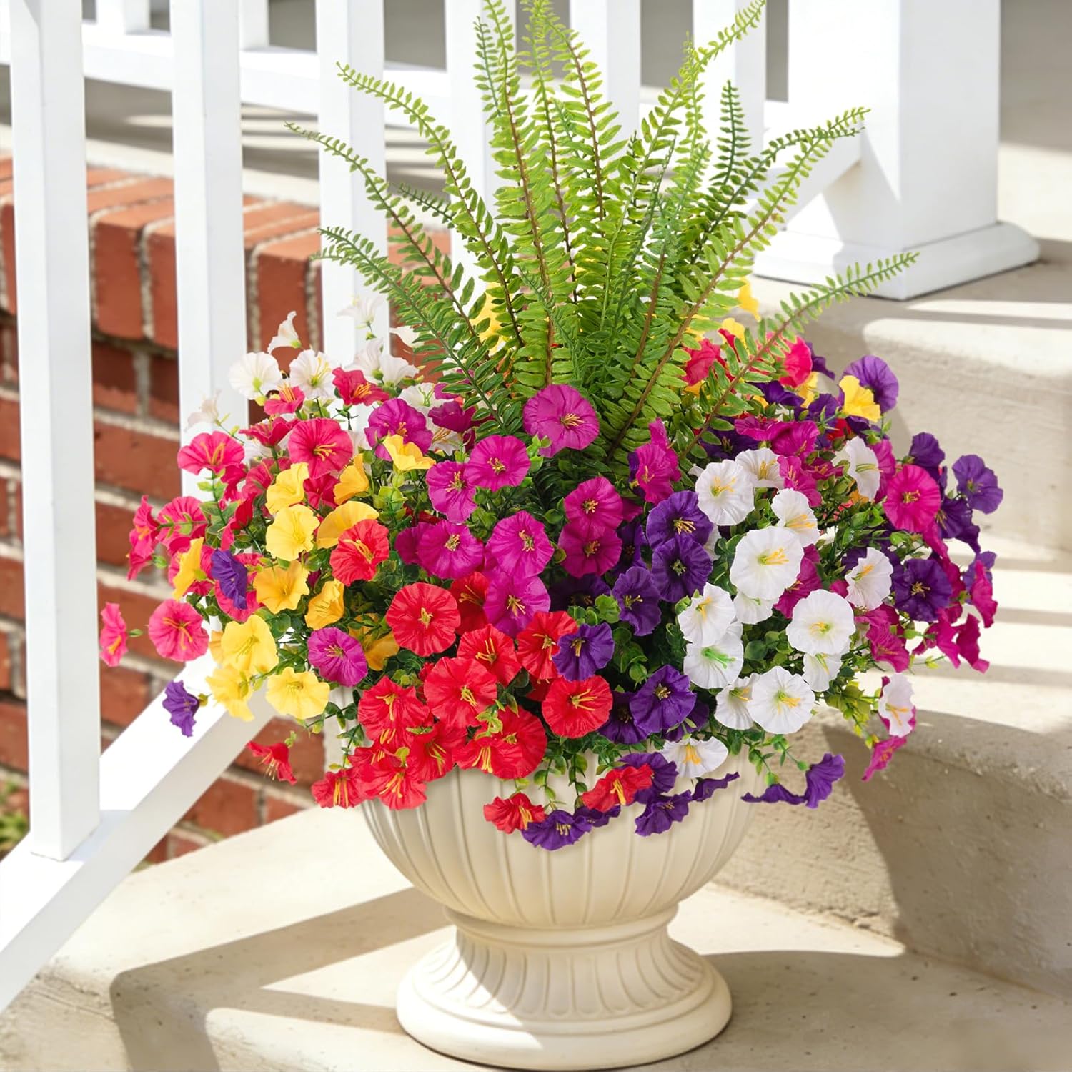 Artificial Flowers Fake Plants for Outdoors Decoration, 12 Bundles Silk Morning Glory with Boston Fern Realistic UV Resistant Faux Spring Flowers for Outside Planter Yard Patio Garden Home Indoor Urn