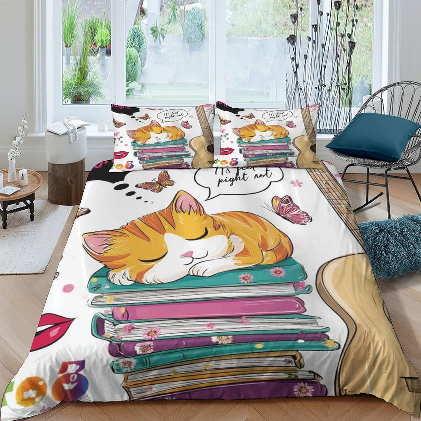 Ctjqhvkz Style-5 3D Printed Sleeping Cat Fitted Sheet Microfiber Soft Cartoon Book Stack Bed Cover For Bedroom Decor Protection Single（135X200cm）
