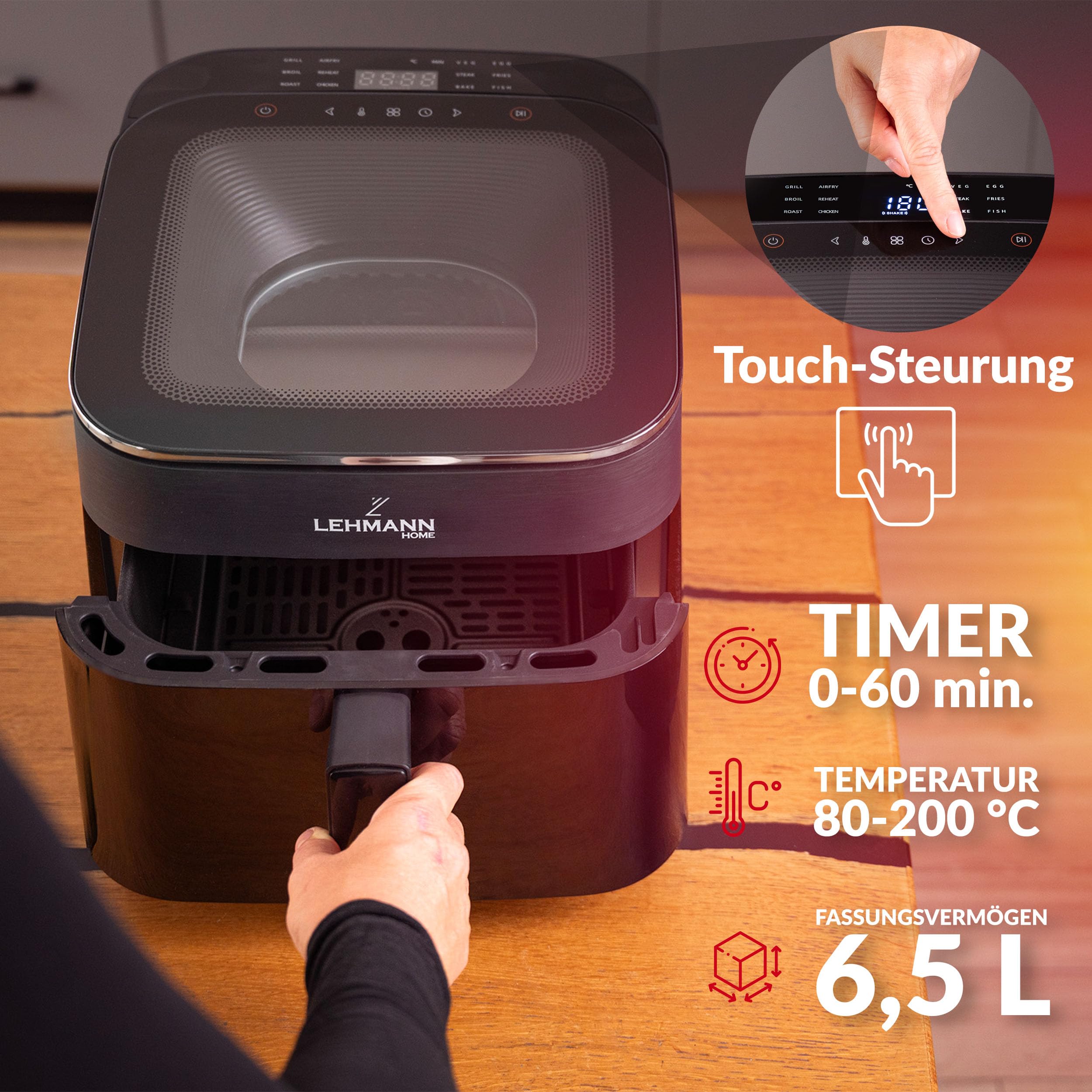 LEHMANN XL Heißluftfritteuse 6,5L, Airfryer mit oberem Panorama-Sichtfenster & Beleuchtung, Touchdisplay, 12 Programme, Rühr-Erinnerung, spülmaschinengeeignete Antihaft-Roste, Familien Air Fryer