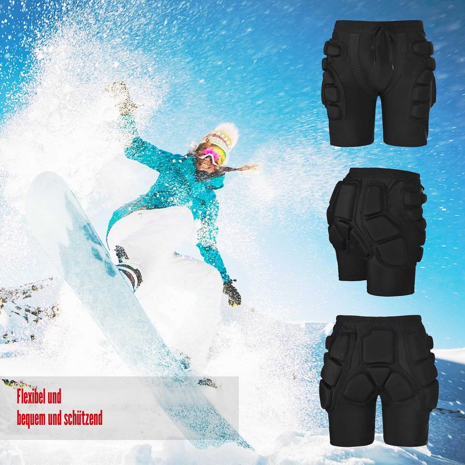 Protektorenhose, Gepolsterte Shorts, 3D Hüftpolster Schutz Shorts, Schützende Snowboard Shorts für Snowboarding, Skaten und Skifahren, Po und Steißbein
