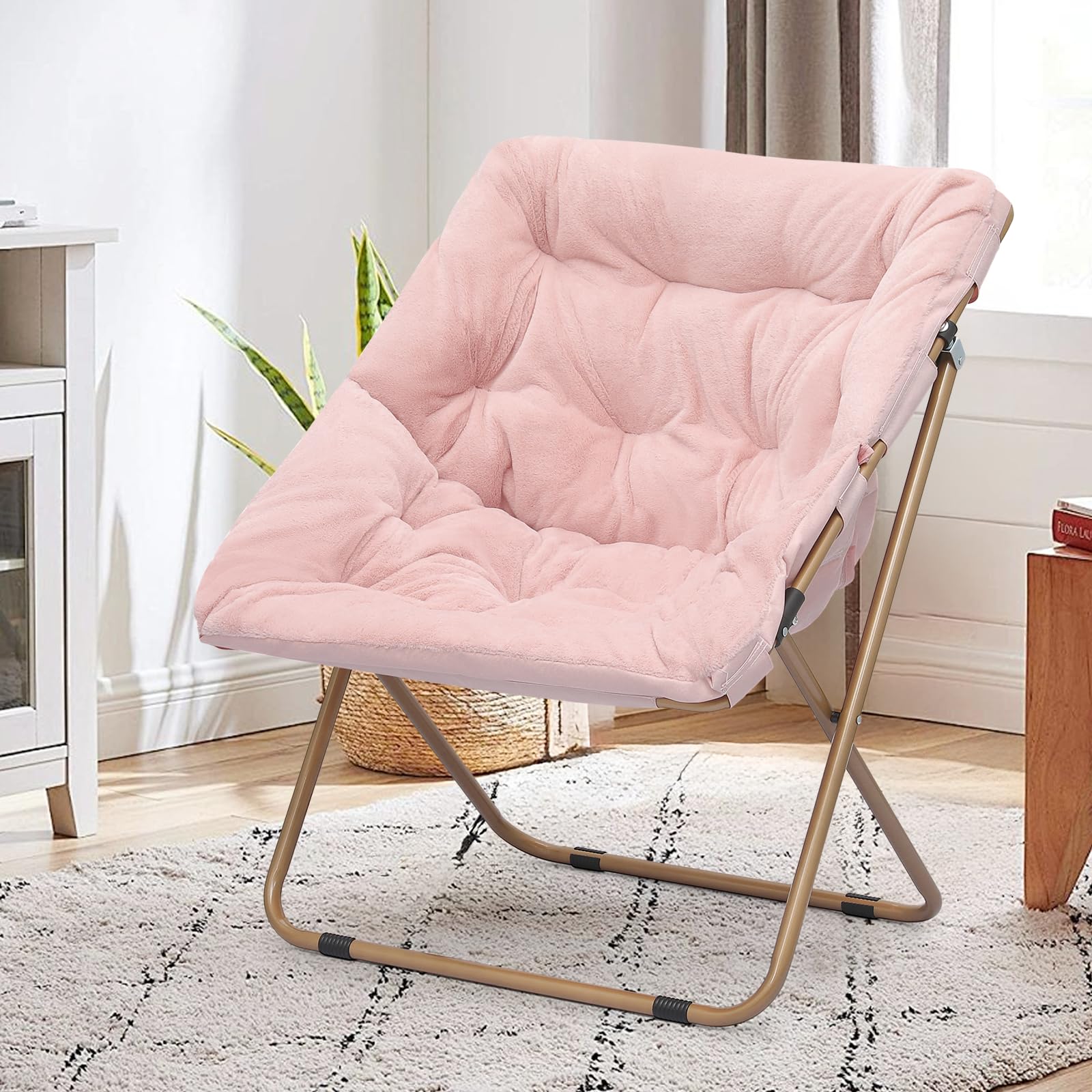 SFIHOME Foldable Oversized Moon Chair, Large Soft Lazy Cozy Comfortable Faux Fur Square Saucer Moon Chair for Teens and Adults, Light Pink