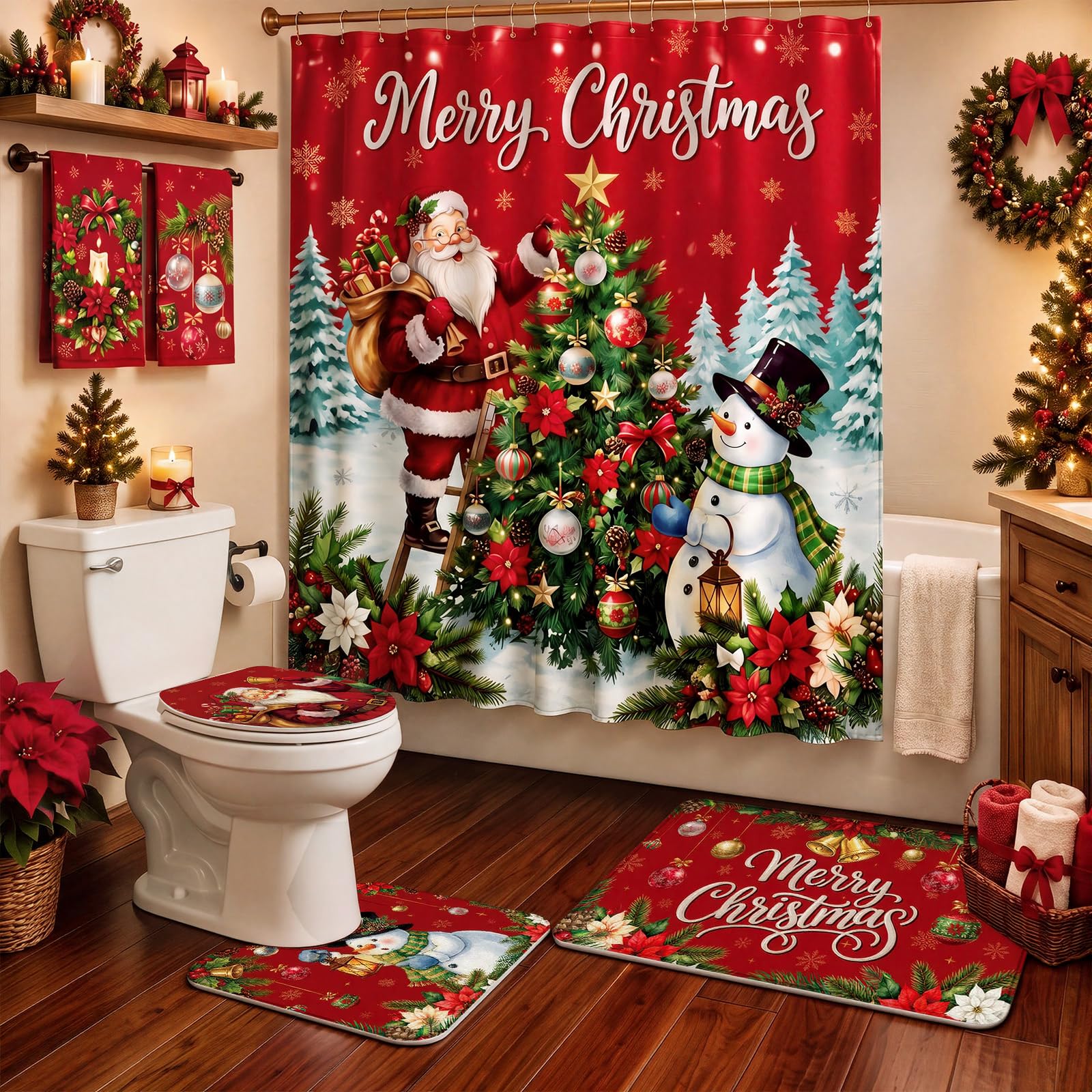 HunnmingRe 6 Pcs Christmas Bathroom Decor Red Santa Shower Curtain Sets