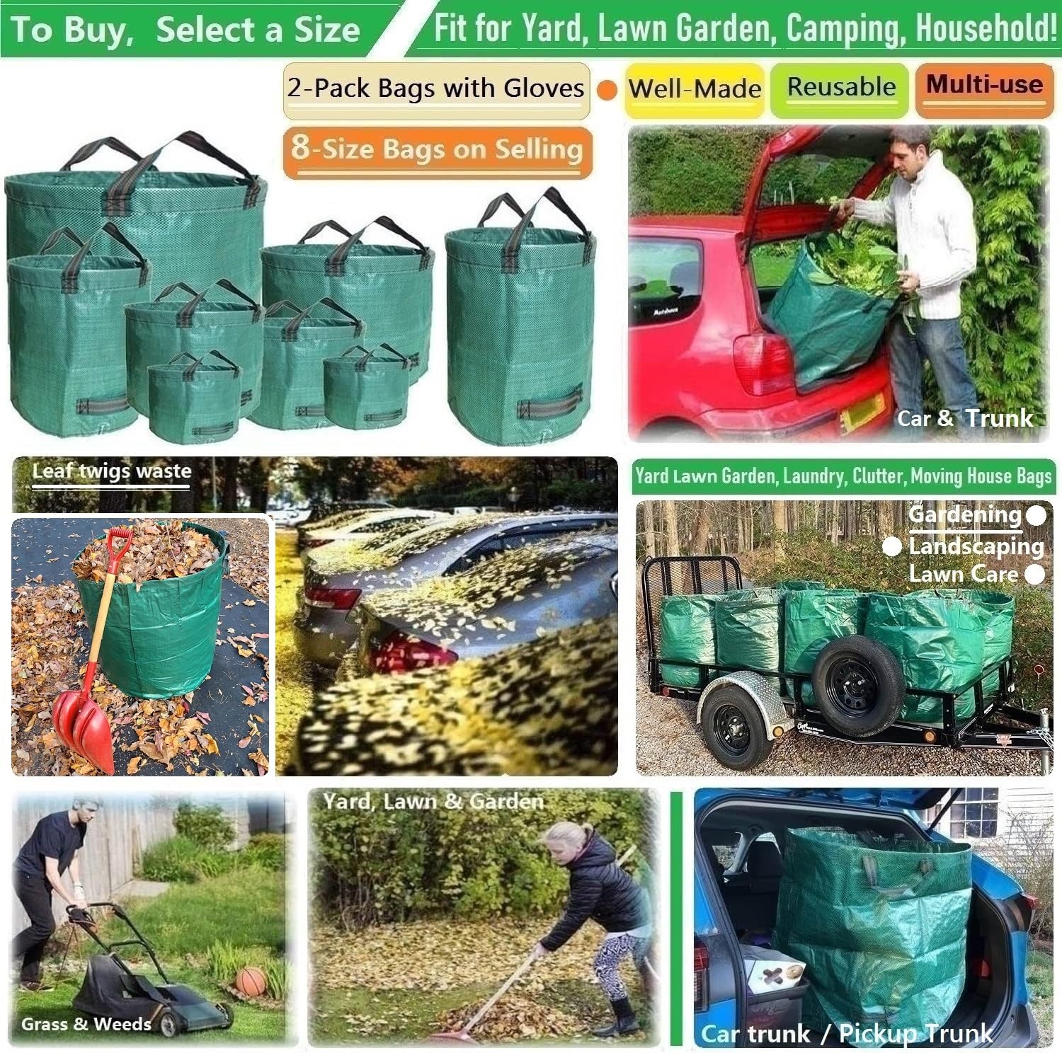 Professionelle 2er-Pack 80 Gallonen Yard Rasen Gartensäcke (D26, H33 Zoll) mit Gartenhandschuhen, Hofabfallbeutel, Laubbeutel, Rasen, Gartenabfallbeutel, Recyclingbeutel, 4 Griffe