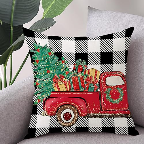 Miniatura 6 de Juego de 4 fundas de almohada de Navidad de 18 x 18 pulgadas, diseño de camión de Papá Noel, árbol de Navidad, Feliz Navidad, búfalo blanco y negro,