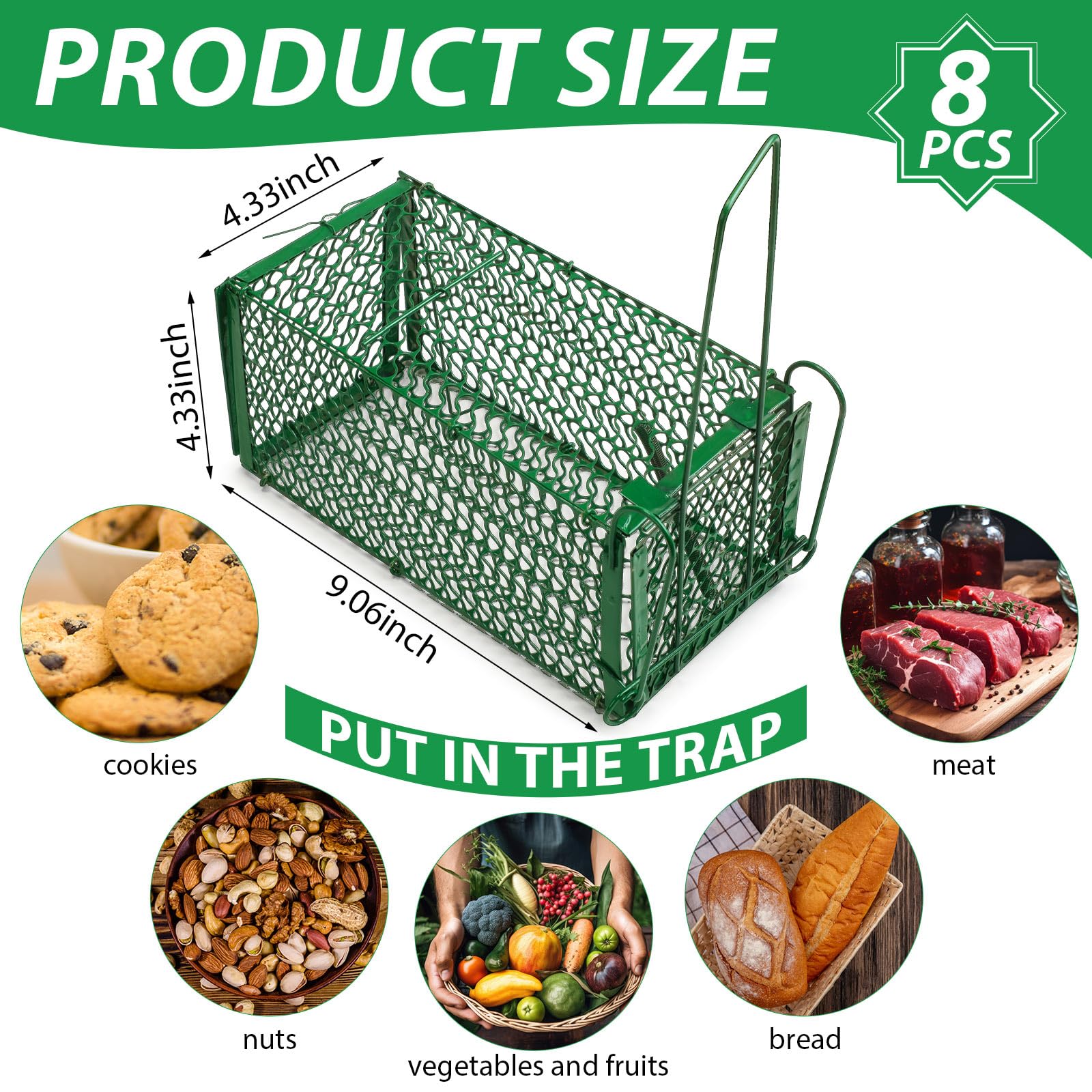 Kittmip 8 Pcs Humane Rat Trap Chipmunk Squirrel Cage Trap Foldable Rodent Trap for Small Live Animal Voles Hamsters Cage Catch and Release for Indoors Outdoors Kitchen Yard Garage (Green)