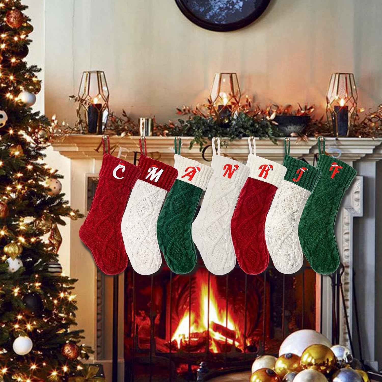 Christmas Stockings with Initials, Personalized Custom 18" Large Embroidered Monogram Knit Kids Xmas Stocking Holiday Party Fireplace Family Hanging Stocking Decoration Red Letter A