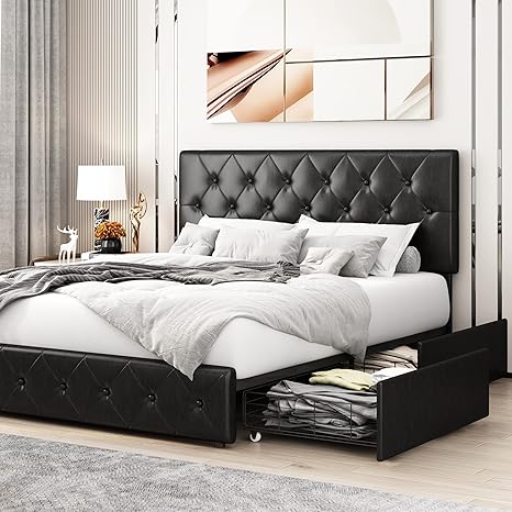 Amazon Com Kealive Faux Leather Upholstered Platform Bed Frame With 4 Storage Drawers Adjustable High Headboard With Button Tufted Design Wooden Slat Support No Box Spring Needed Full Size Black Kitchen Dining