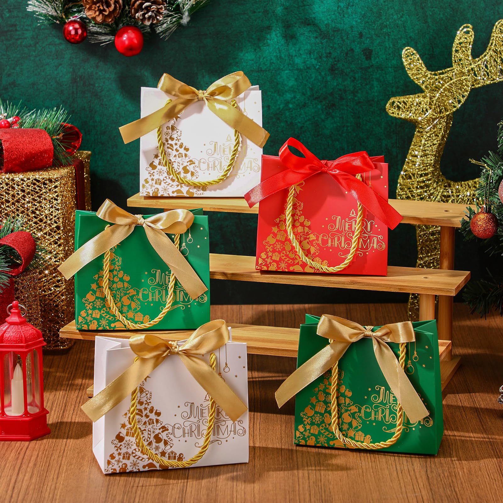 Kolldenn Lot de 50 petits sacs cadeaux de Noël en vrac avec poignées en feuille d'or rouge, blanc, vert avec nœud pour Noël, bonbons, cadeaux de fête pour Noël, vacances, Nouvel An