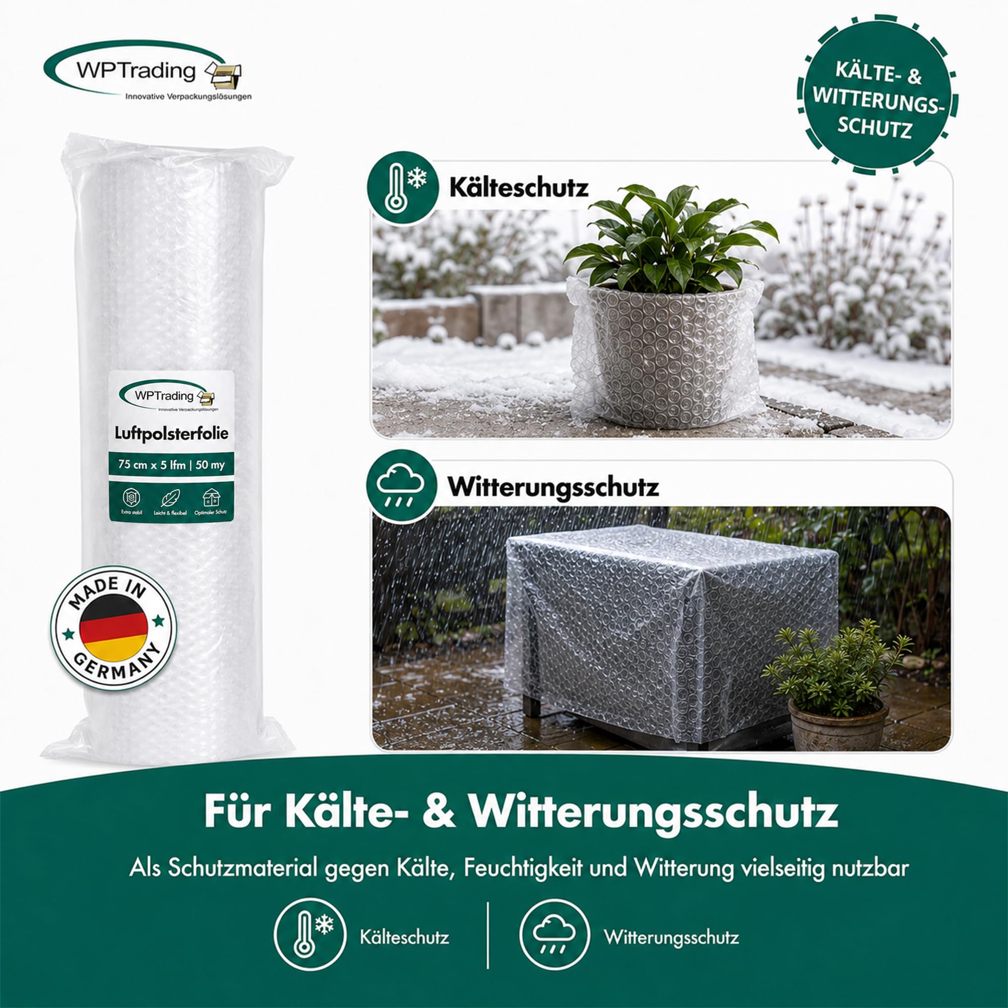 9 x Rolle Luftpolsterfolie 75 cm x 5 m (2-lagige mit 50 my) - Noppenfolie 75cm breit mit Noppenhöhe 5 mm - Stoßdämpfende Verpackungsfolie reißfest & transparent für Versand & Umzug