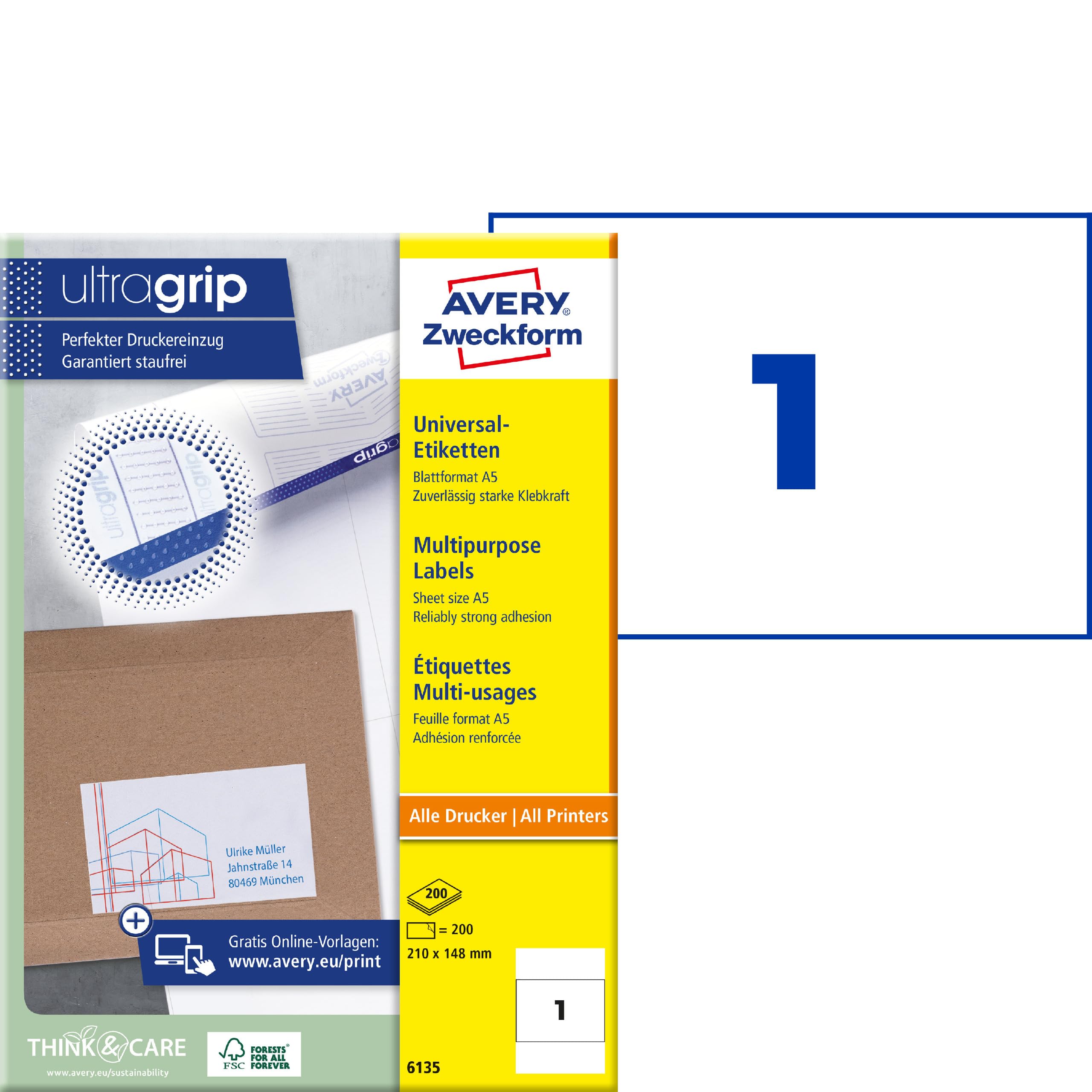 AVERY Zweckform 6135 Universal Etiketten (200 Klebeetiketten, 210x148mm auf A5, Papier matt, bedruckbare Versandetiketten, selbstklebende Versandaufkleber mit ultragrip) 200 Blatt, weiß