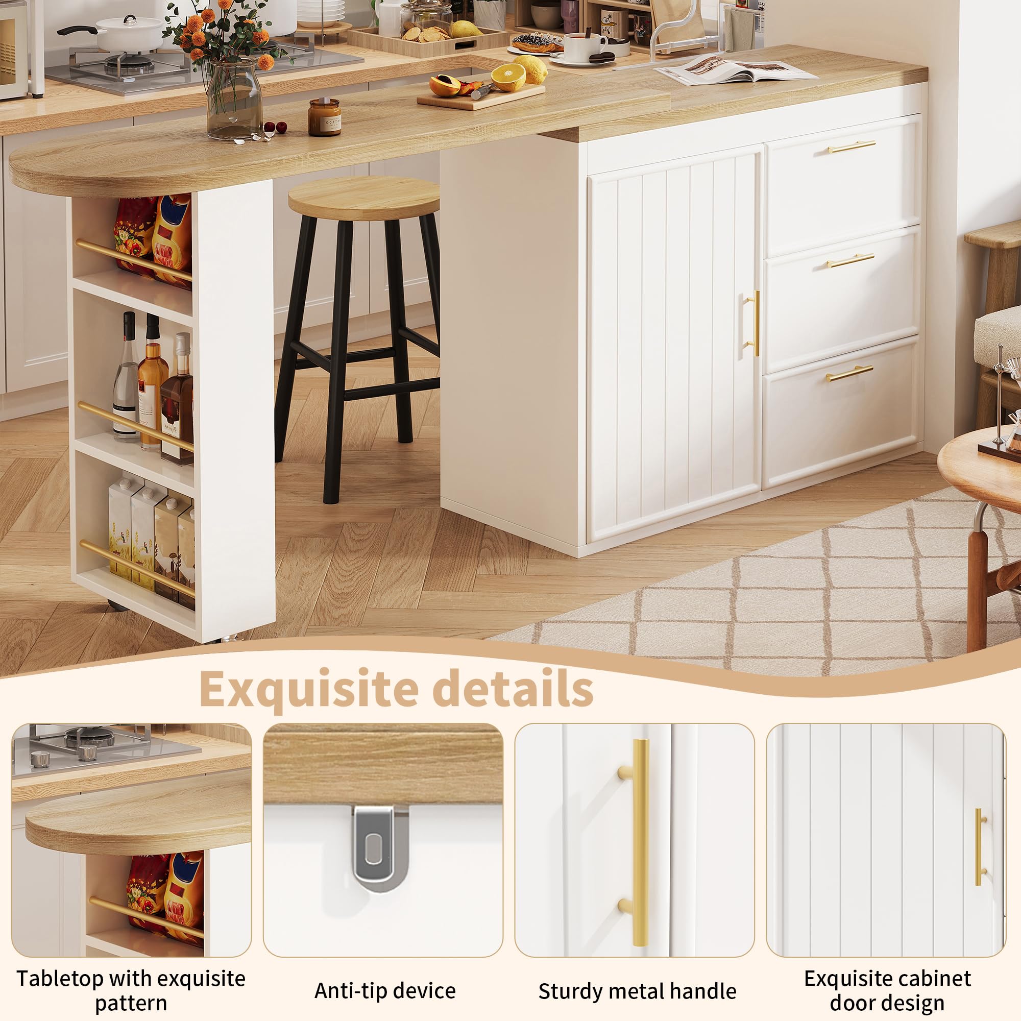Mesa de Bar Extensible Gira 360° con 2 Ruedas y 3 Cajones, Barra Cocina Isla Cocina con 1 Puerta y Estante Ajustable, Compartimento Lateral y Dispositivo Antivuelco, 128-203x39x90 cm, Blanco