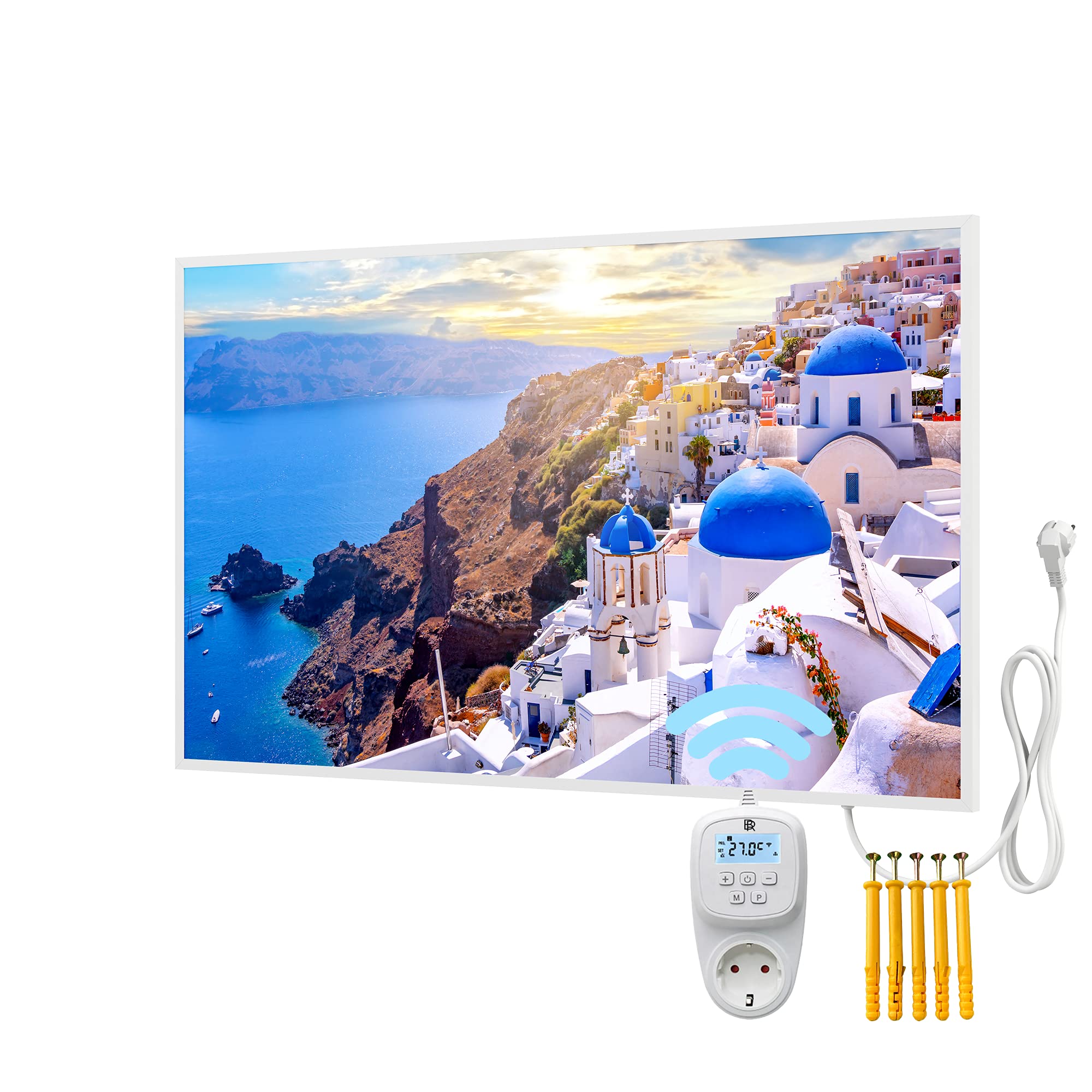 BR Bringer® Bildheizung 800 W mit Rahmen Smart-Thermostat Santorini | Bildheizung mit hochwertigem UV-Druck, mit Rahmen - Motiv Santorini, Griechenland, Format 100x60 cm - mit Smart-Thermostat